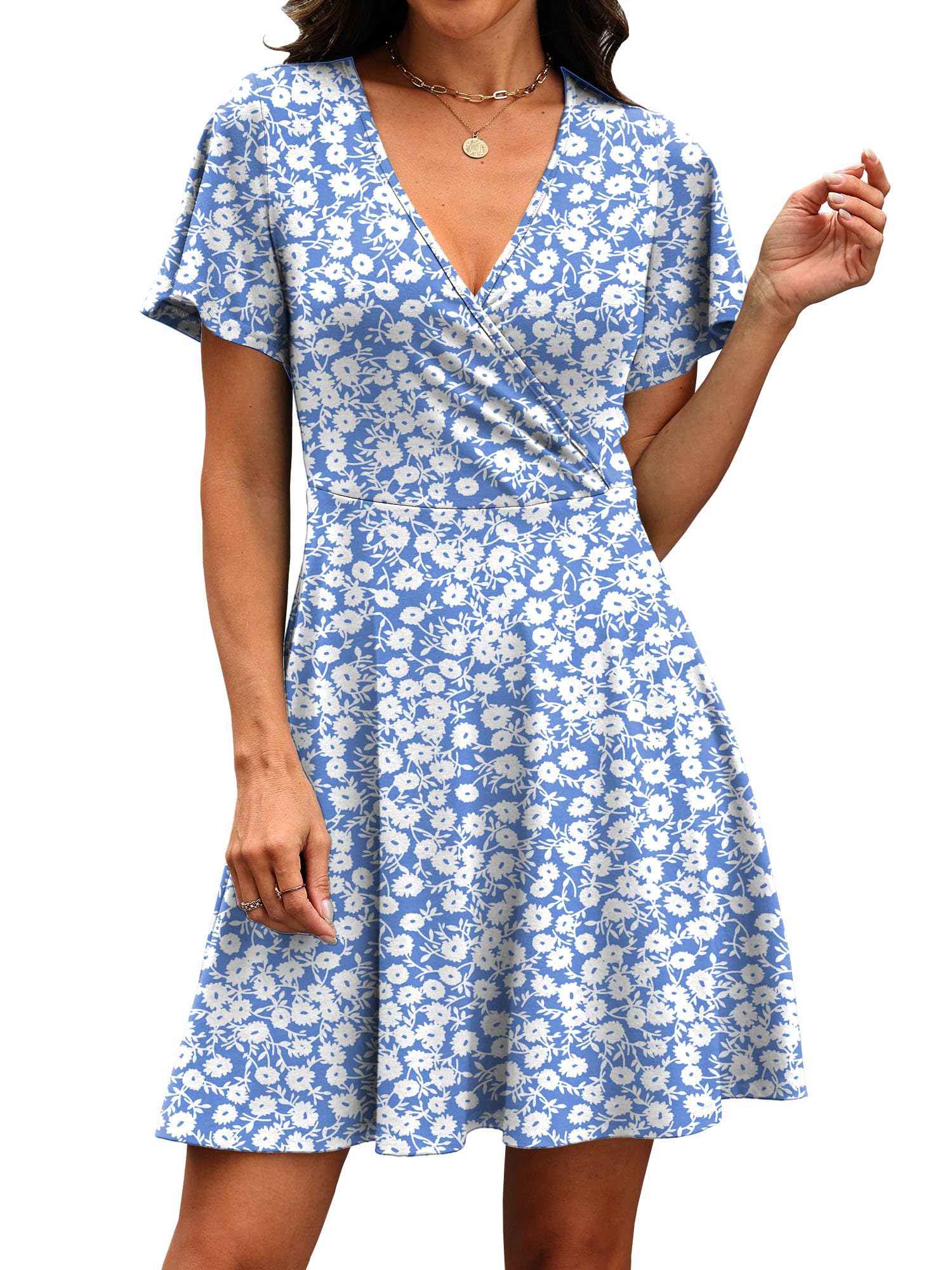 Womens Summer Dresses 2026 Wrap V Neck A-line Casual Sundresses Date Night Outfit Vacation Floral Dress Blue 2XL