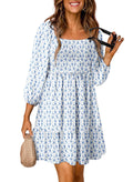 Dokotoo Wedding Guest Dresses for Women Boho Floral Long Sleeve Square Neck Smocked Ruffle Casual Elegant Chiffon A-Line Swing Mini Babydoll Western Dress Party Vacation Summer Dress Sky Blue Large