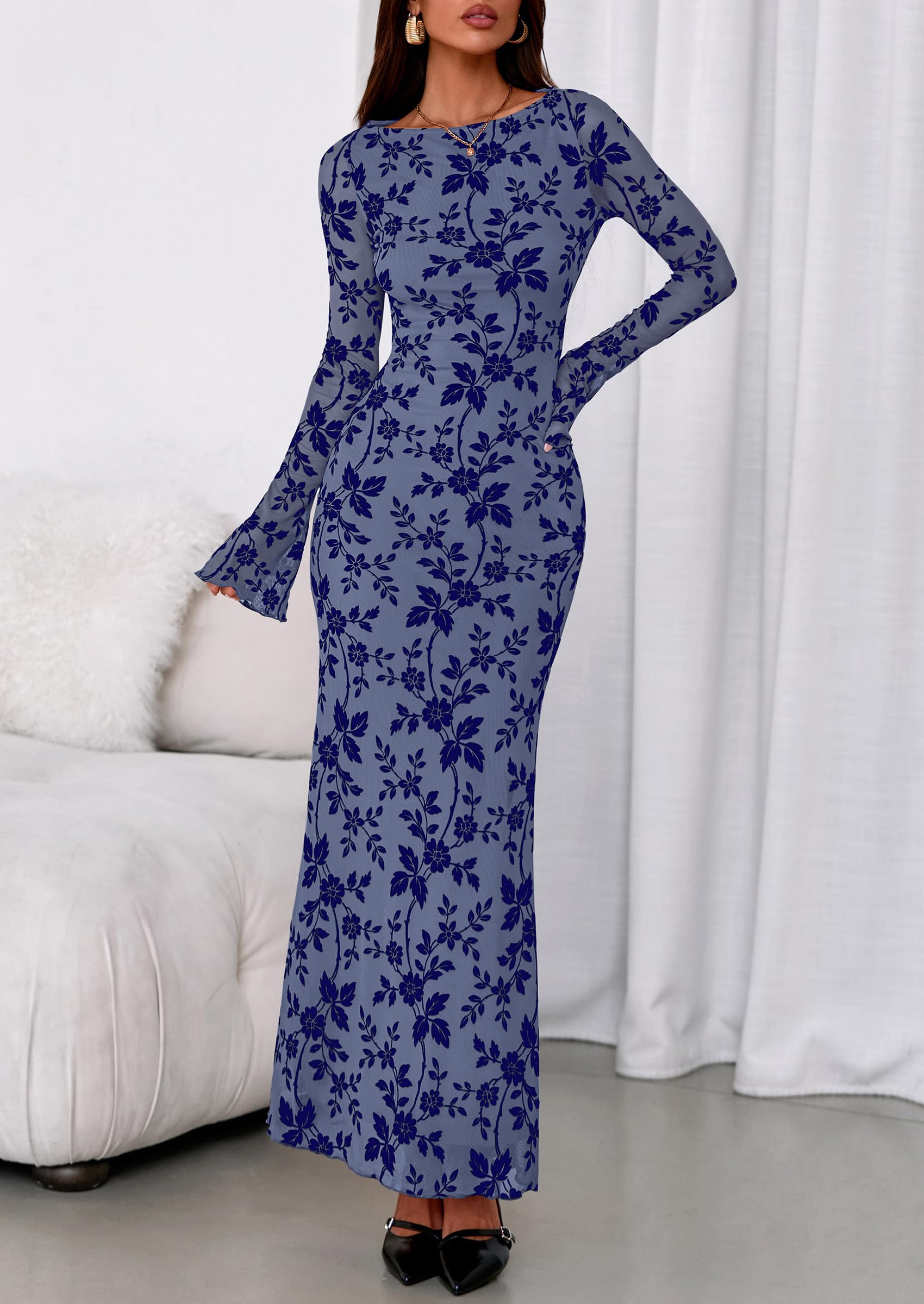 PRETTYGARDEN Women's Floral Bodycon Maxi Dress 2026 Spring Elegant Mesh Long Sleeve Formal Wedding Guest Cocktail Dresses (Dusty Blue,XX-Large)