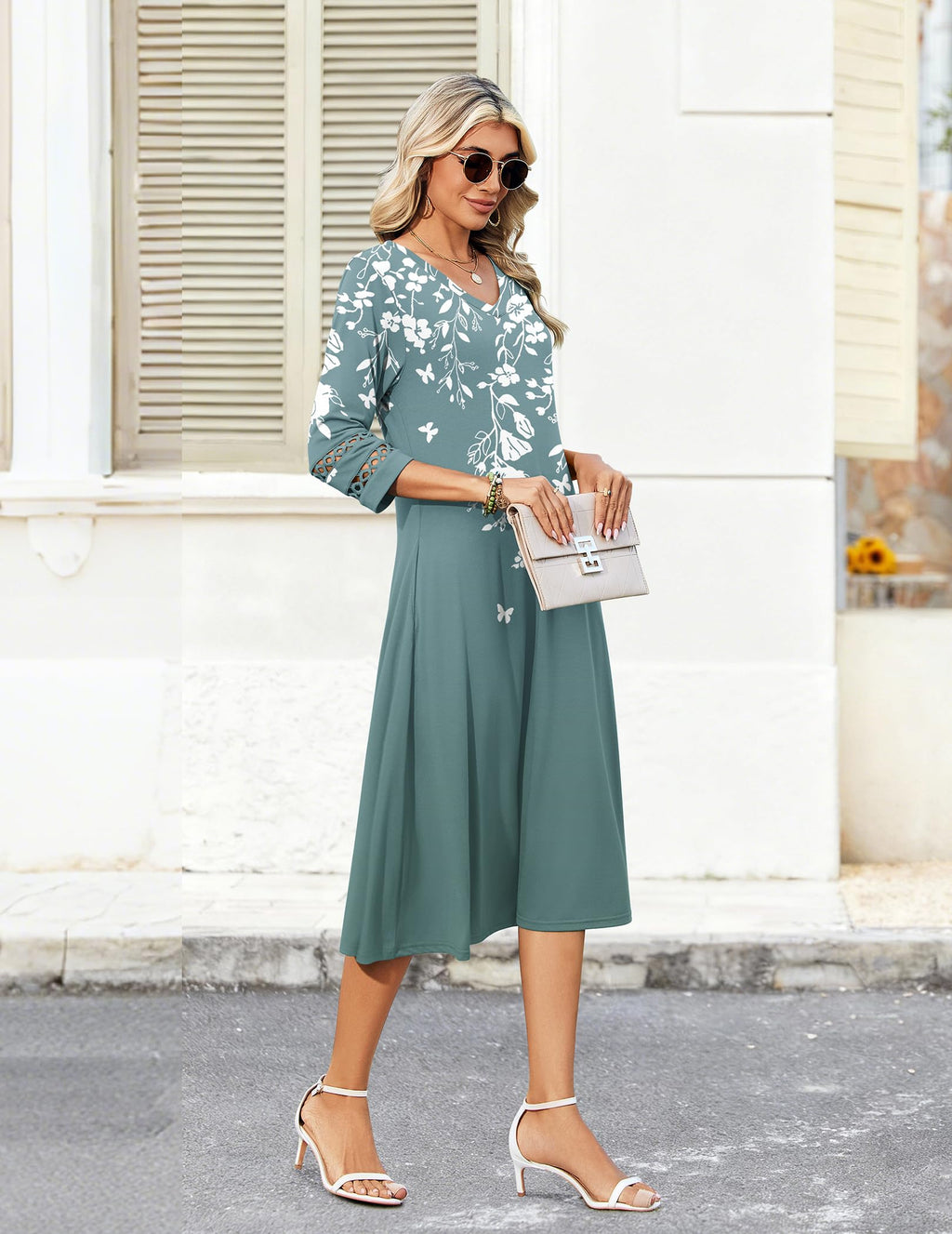 Zeagoo Summer Dress for Women Floral 3/4 Sleeve Midi Length Aline Elegant Loose Dress with Pockets Floral Print M