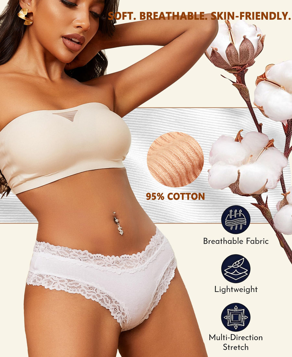 Knowyou Cotton Underwear for Women Cheeky Bikini Womens Underwear Pack Sexy Lace Wasit Hipster Brief Panties for Ladies-M