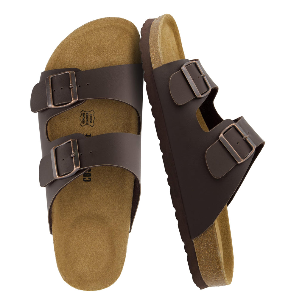 CUSHIONAIRE Lane Cork Footbed Mens Sandals, Adjustable Buckle Comfort Slides for Men, Genuine Leather Insole Summer Sandals Men Footwear, BROWN 13