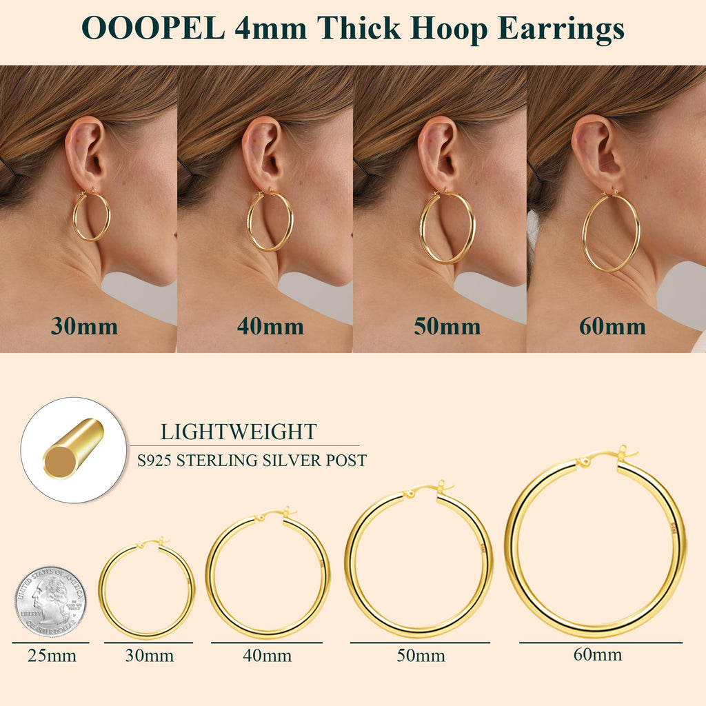 4mm Thick Gold Chunky Earrings Steling Silver Post Hoops Earrings For Women Hollow Tube Hoops Earrings Thick Golden Hoop Earrings Hypoallergenic Lightweight Gold Hoop Large Earrings 20/30/40/50/60MM