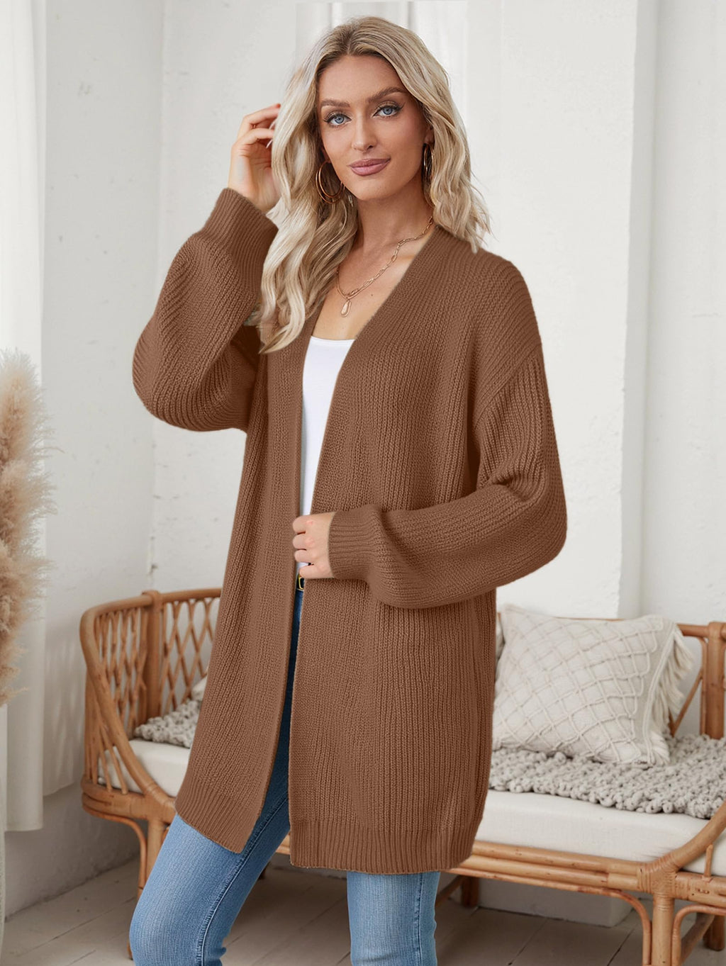 Libsorge Womens Long Cardigan Sweaters for Women Fall Winter Spring 2025 Trendy Outfits Chunky Waffle Knit Oversized Open Front Dressy Casual Lightweight Long Sleeve Cardigans Sweater Coffee Brown S