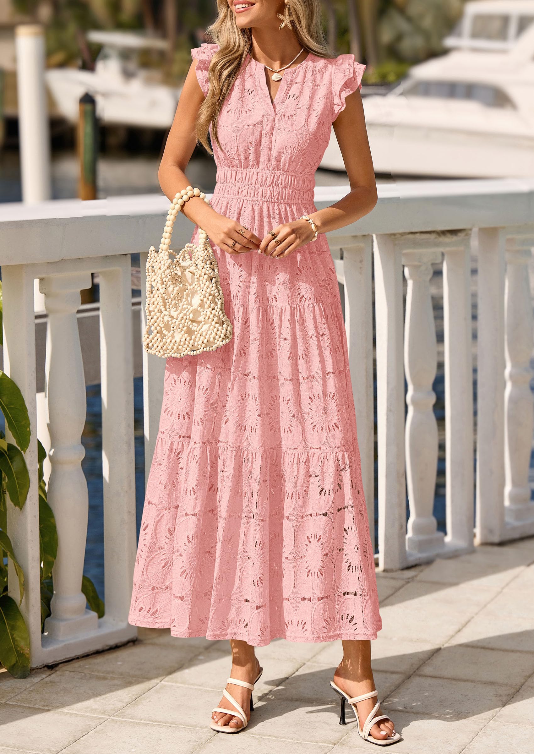 PRETTYGARDEN Womens Boho Maxi Dresses 2026 Summer Floral Lace Eyelet V Neck Spring Wedding Guest Dress Beach Vacation Clothes (Pink,Small)
