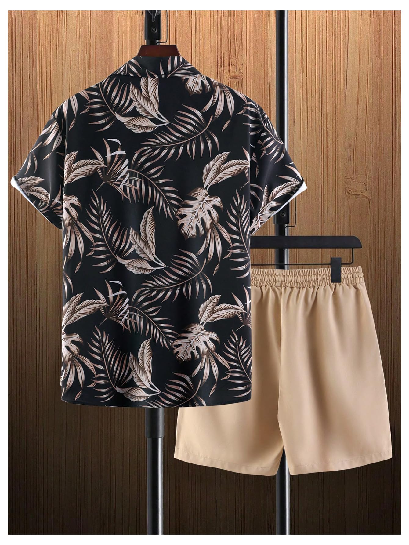 GORGLITTER Men's Vacation Beach Cruise Summer Outfits 2 Piece Shorts Set Hawaiian Button Down Shirt and Shorts Black and Brown X-Large