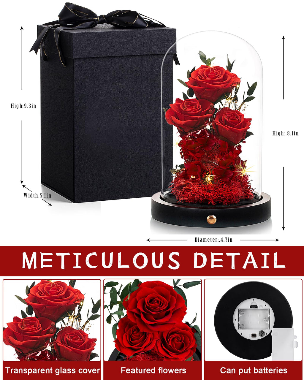 Agrul Valentines Day Flowers Roses Gifts for Her,Forever Real Preserved Roses in Glass Dome,Valentines Day Anniversary Birthday Gifts for Wife Girlfriend Women Mom Best Friend Her/Red Rose