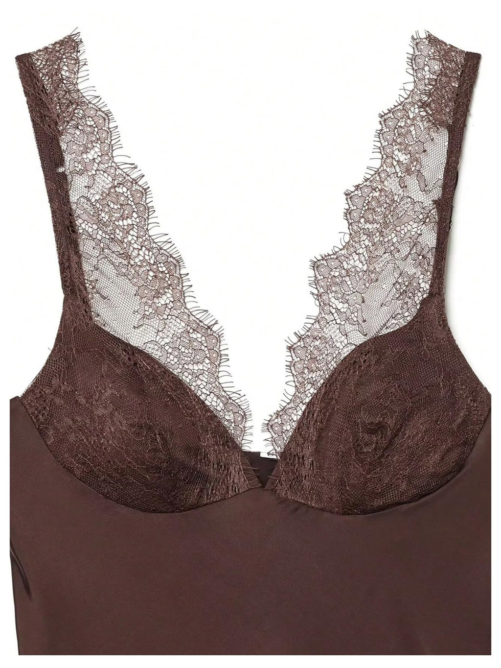 WDIRARA Women's Lace Trim Satin Blouses Elegant Sleeveless Deep V Neck Dressy Casual Tops Brown Large