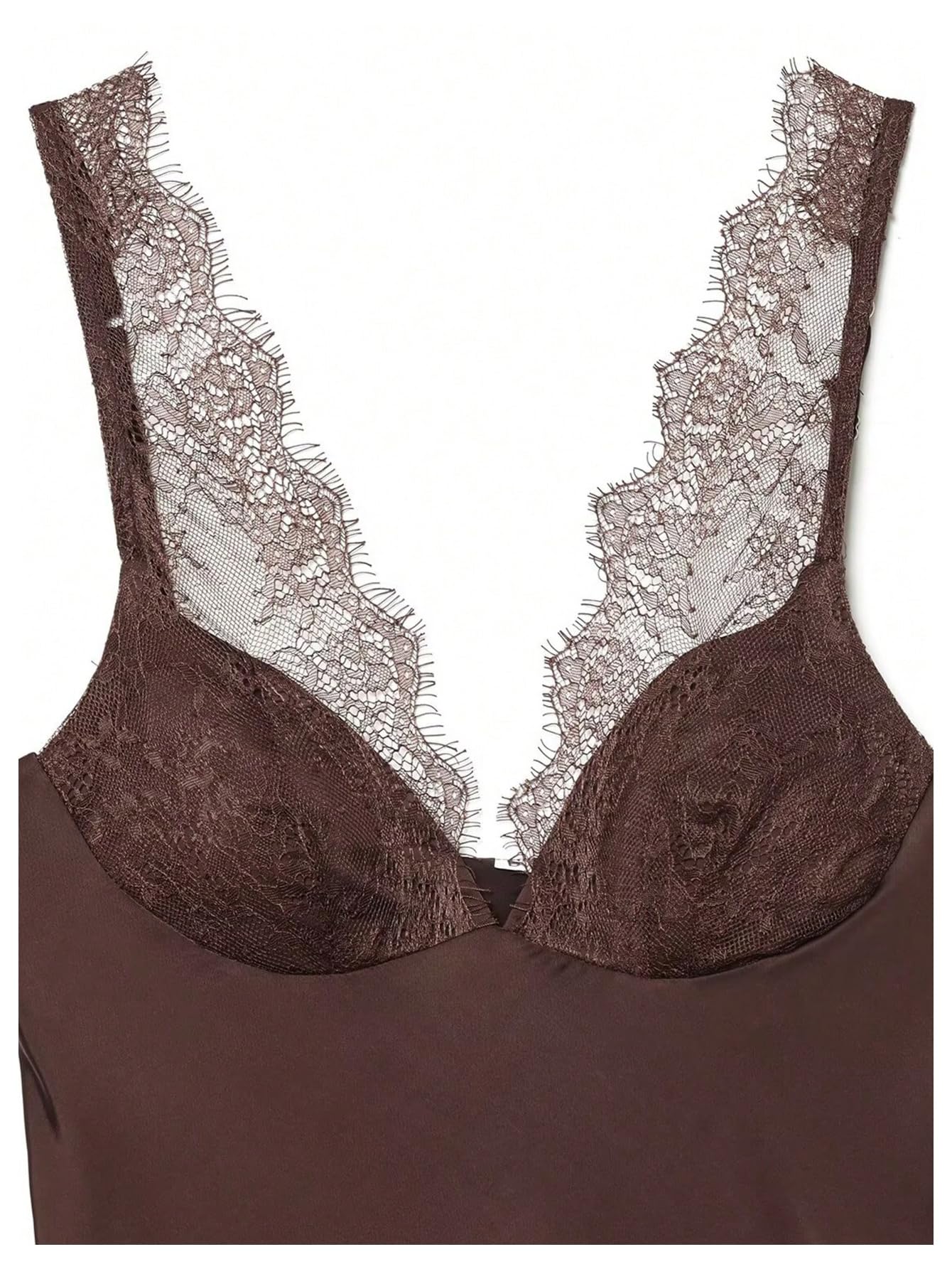 WDIRARA Women's Lace Trim Satin Blouses Elegant Sleeveless Deep V Neck Dressy Casual Tops Brown Large