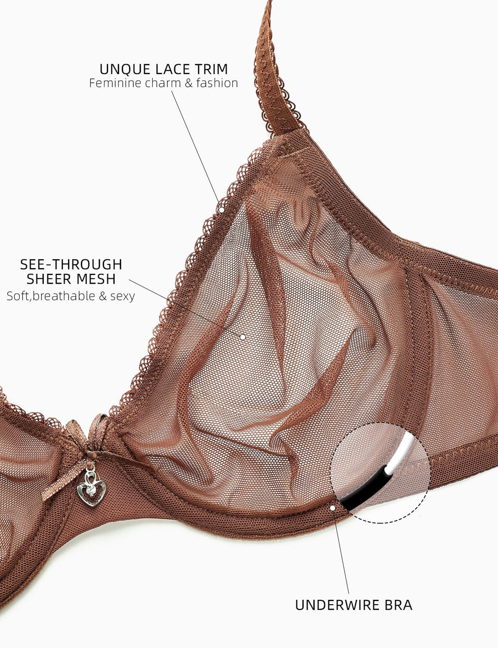 Upushall Unlined Bras for Women Sexy See Through Mesh Underwire Plunge Demi Lace Bra Coffee 40C