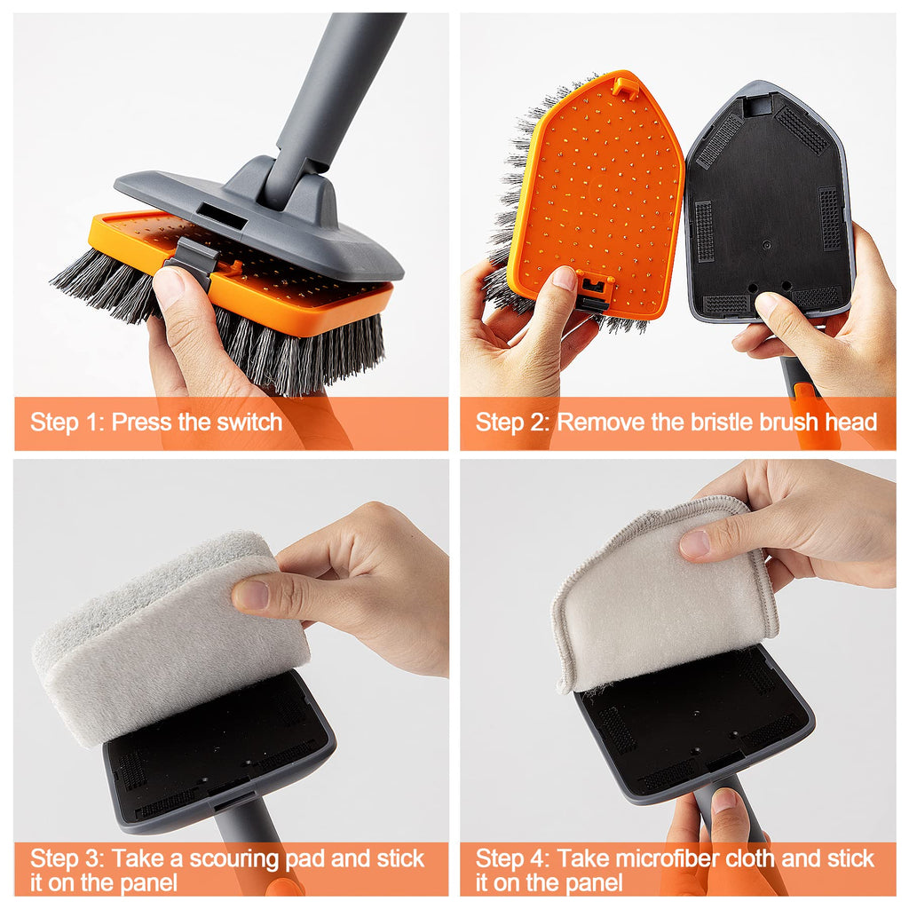 CLEANHOME Tile Tub Scrubber Brush with 3 Different Function Cleaning Heads and 56" Extendable Long Handle-No Scratch Shower Scrubber for Cleaning Bathroom Kitchen Toilet Wall,Bathtub,Sink,Grey