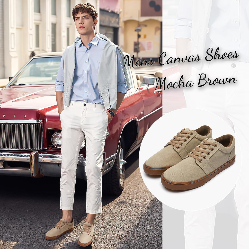 BENPAO Mens White Casual Shoes All Black Fashion Sneakers for Men Low Top Lace Up Canvas Shoes(Mocha Brown,us11)