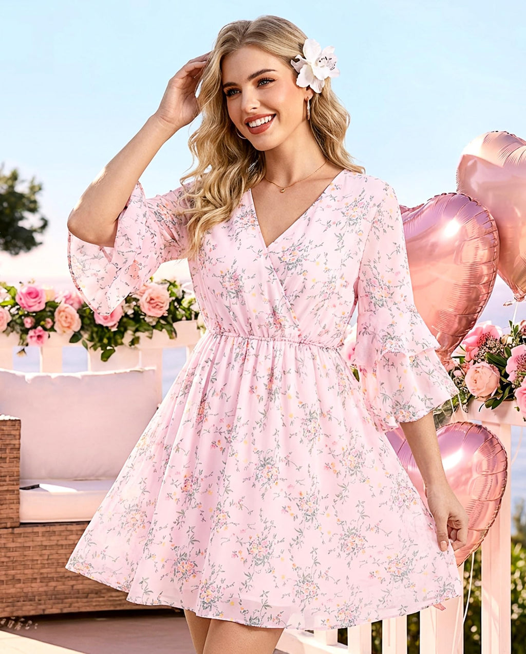 Bebonnie Pink Wedding Guest Dress: Curvy Women Spring Summer 3/4 Sleeve Flowy Engagement Birthday Wedding Guest Dress Garden Party Bridesmaid Date Night A Line Short Boho Maxi Dresses Multi Pink XXL