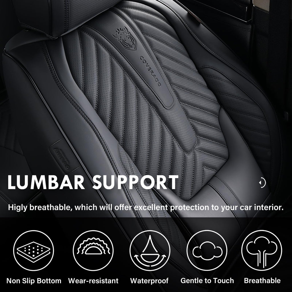 Coverado Seat Covers Front Seats, Car Seat Cover Protector with Lumbar Support, Waterproof Car Seat Cushion, Nappa Leather Black Seat Covers Carseat Cover Universal Fit for Most Cars