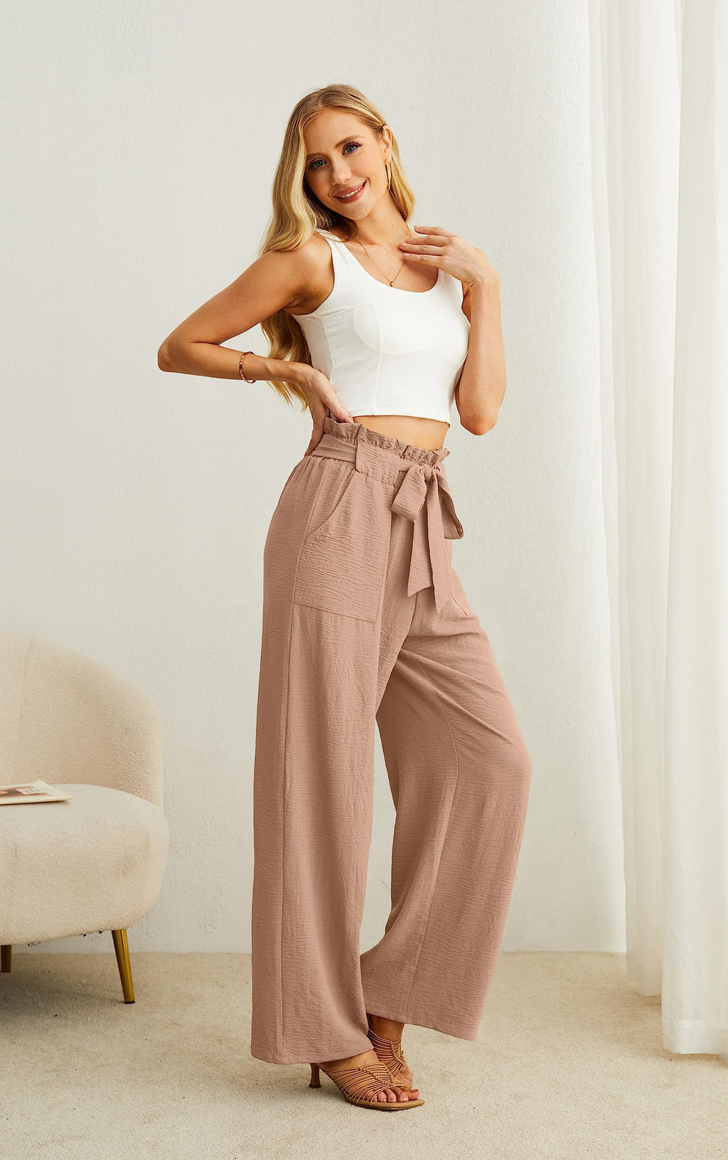 IWOLLENCE Women's Wide Leg Pants with Pockets High Waist Adjustable Knot Loose Casual Trousers Business Work Casual Pants Khaki Large