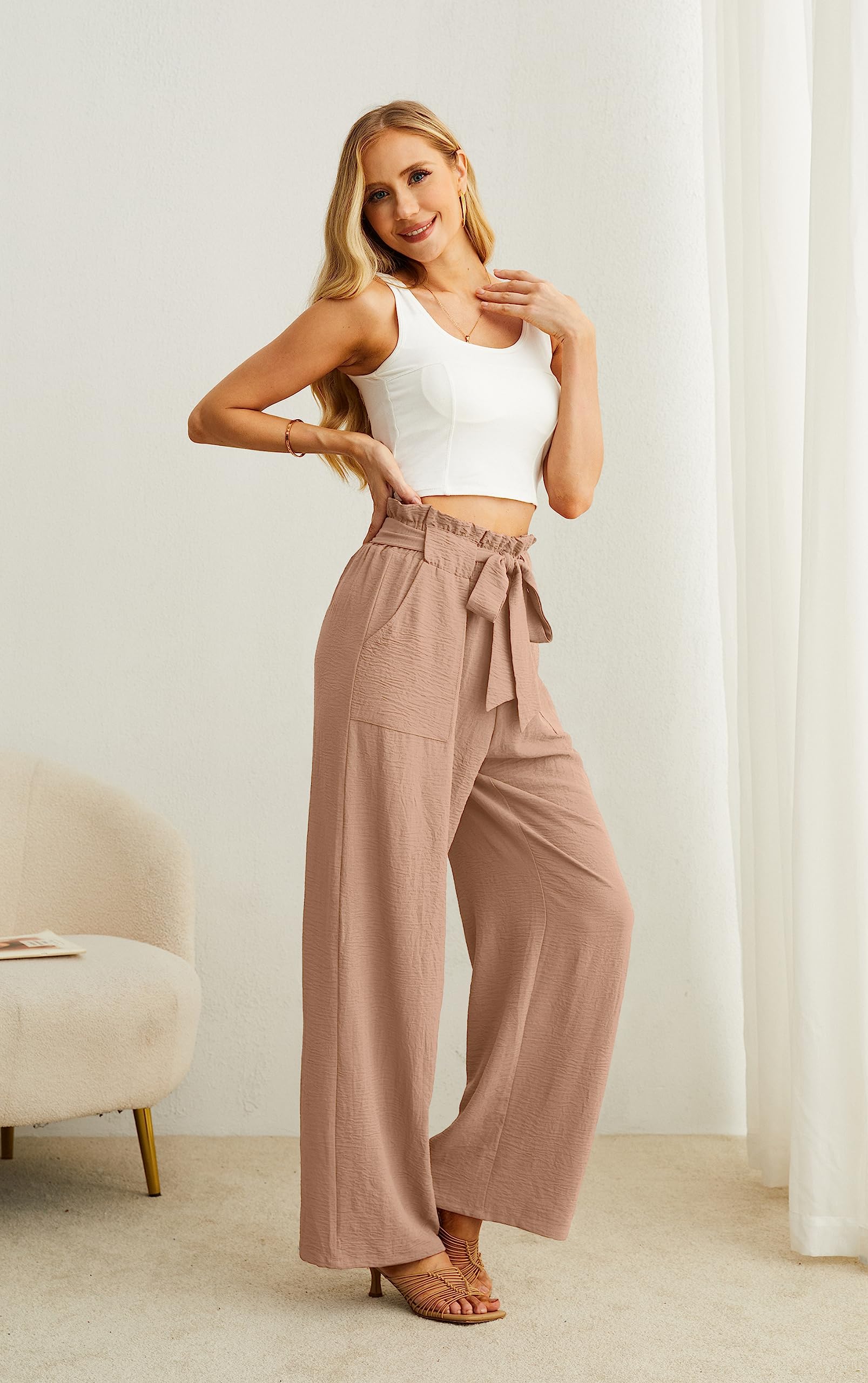 IWOLLENCE Women's Wide Leg Pants with Pockets High Waist Adjustable Knot Loose Casual Trousers Business Work Casual Pants Khaki Large