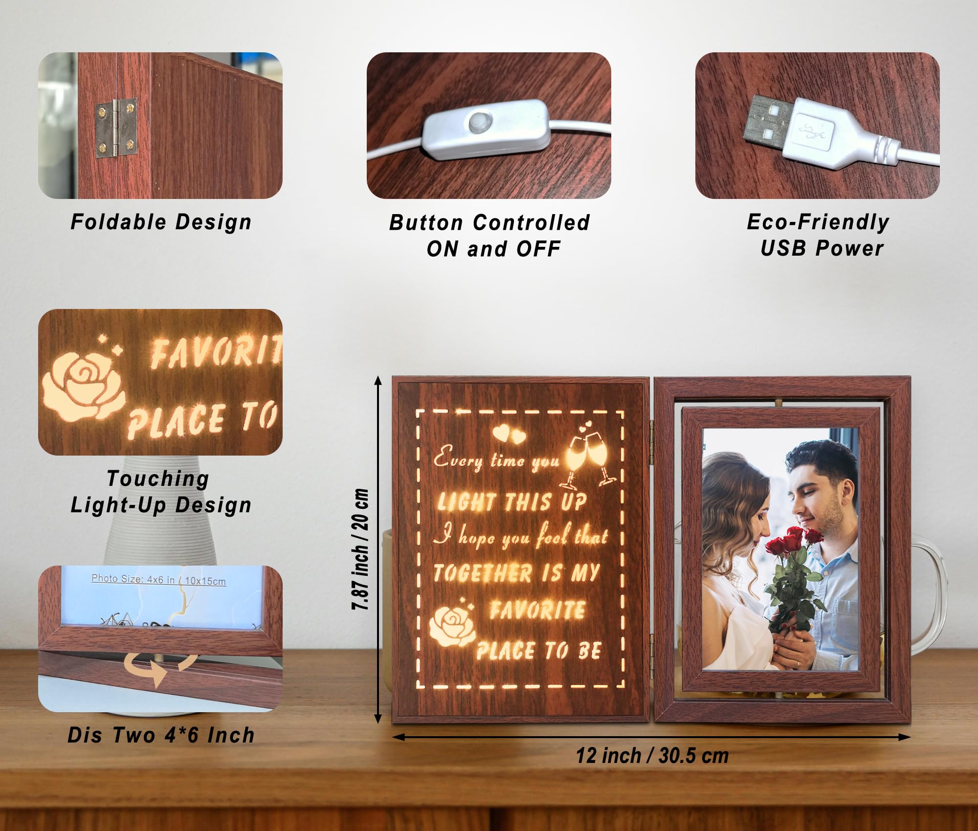 soruney Light Up Couples Picture Frame, USB Powered Romantic Rotating Love Frame for 2 4x6 Photos – Wedding Anniversary or Valentine’s Day Gifts for Couples, Boyfriend, Girlfriend, Husband, Wife