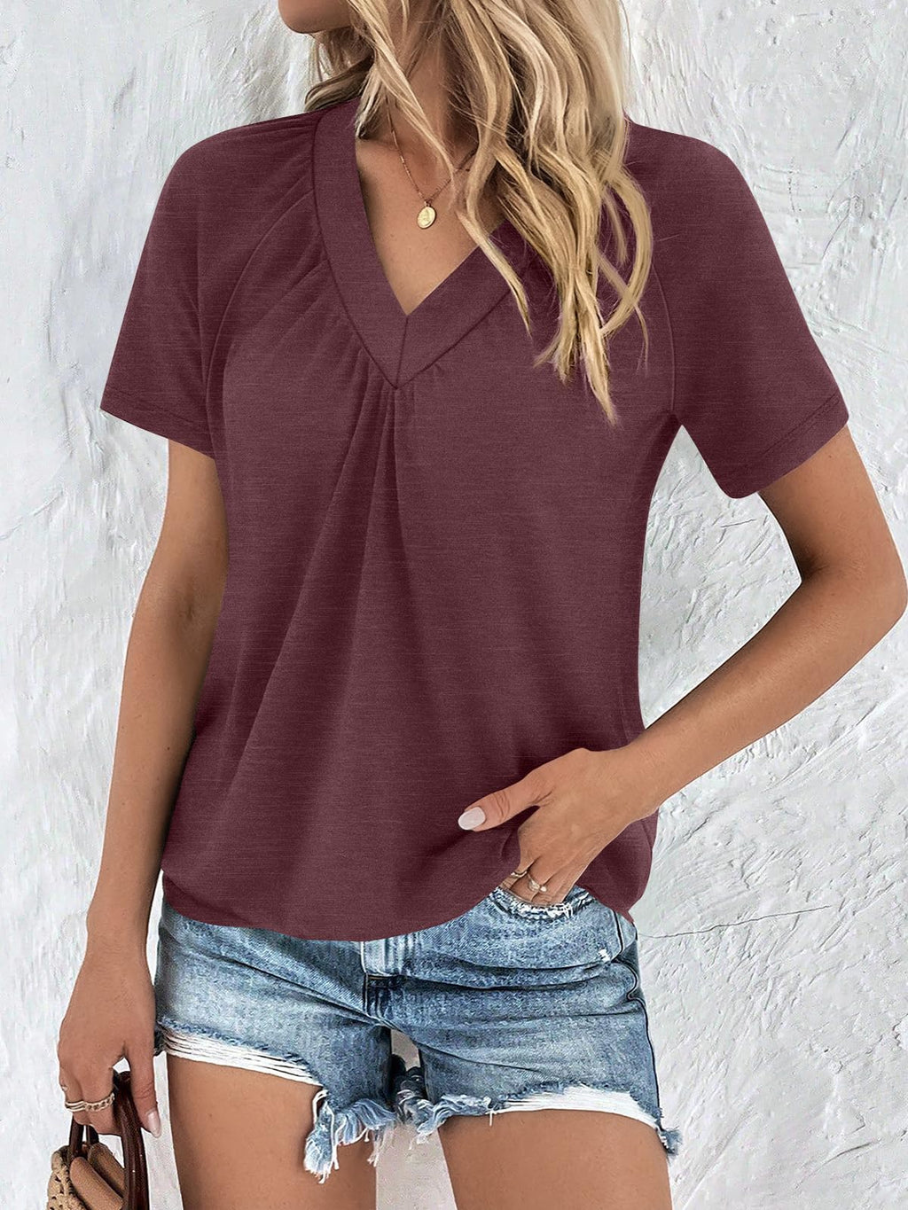 AUTOMET Womens Tops Short Sleeve V Neck T Shirts 2026 Summer Spring Beach Vacation Clothes Casual Loose Ruched Top WineRed L