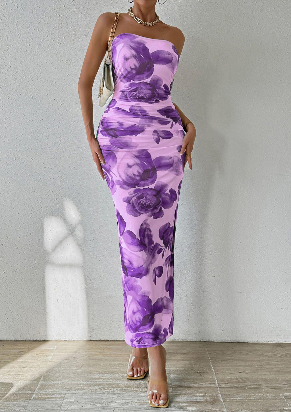 PRETTYGARDEN Women's Summer Wedding Guest Dress Strapless Tube Top Maxi Bodycon Long Floral Mesh Beach Vacation Party Dresses (Purple Flower,Medium)