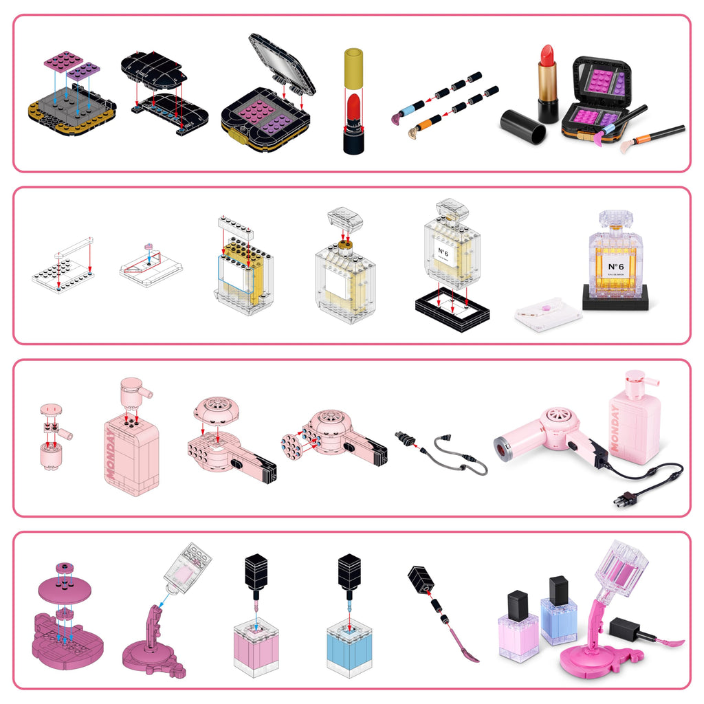 MAX Build More Premium Beauty Collection 2 Pack (Lip and Face Makeup Kit & Hair Dryer & Monday Shampoo) by ZURU – Novelty Unboxing Toy & Building Brick Collectible Minis with 329 Pieces
