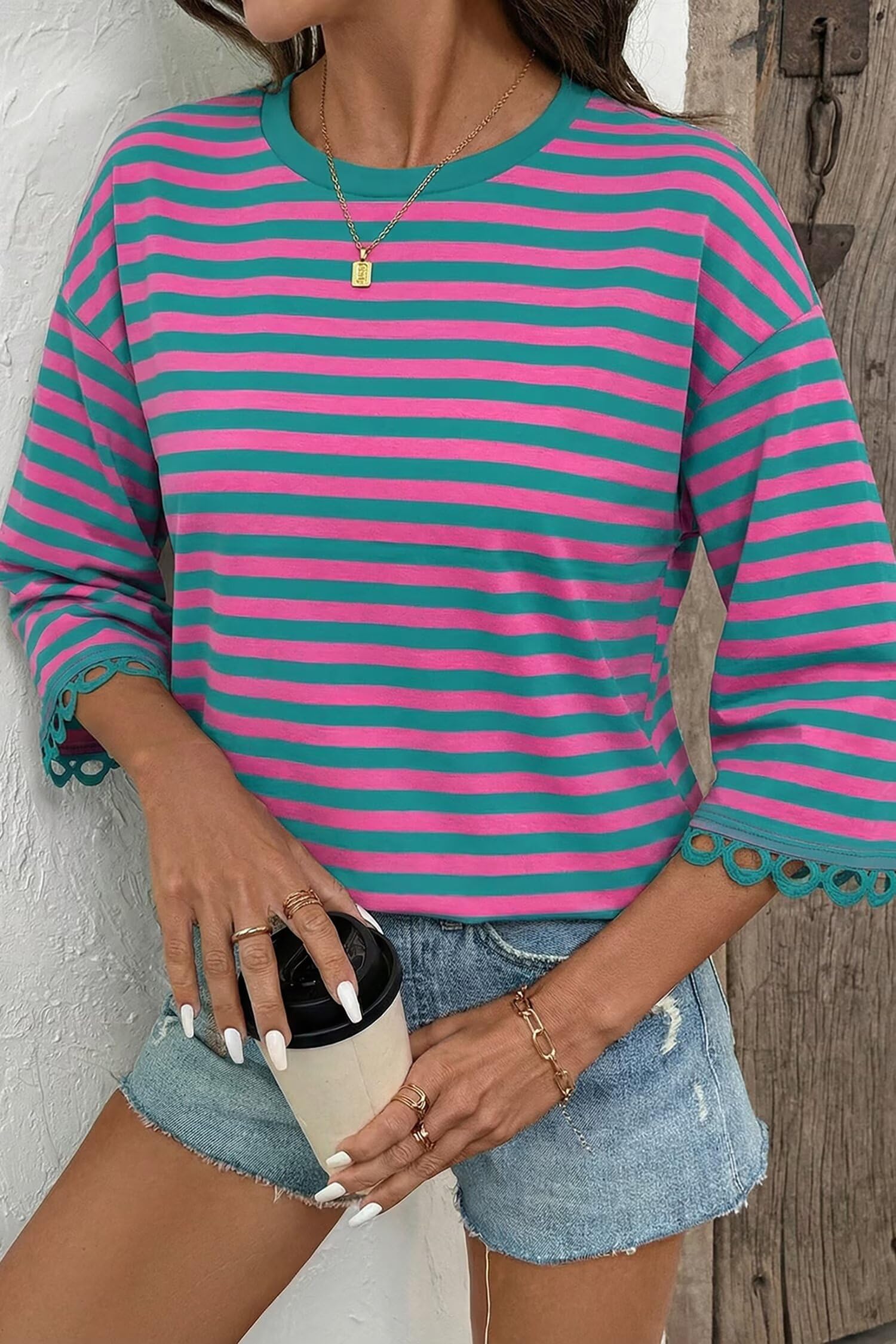 Dokotoo Sweatshirt for Women Long Sleeve Striped Oversized Sweatshirts Casual Crewneck Pullover Top 2026 Summer Outfits Green X-Large