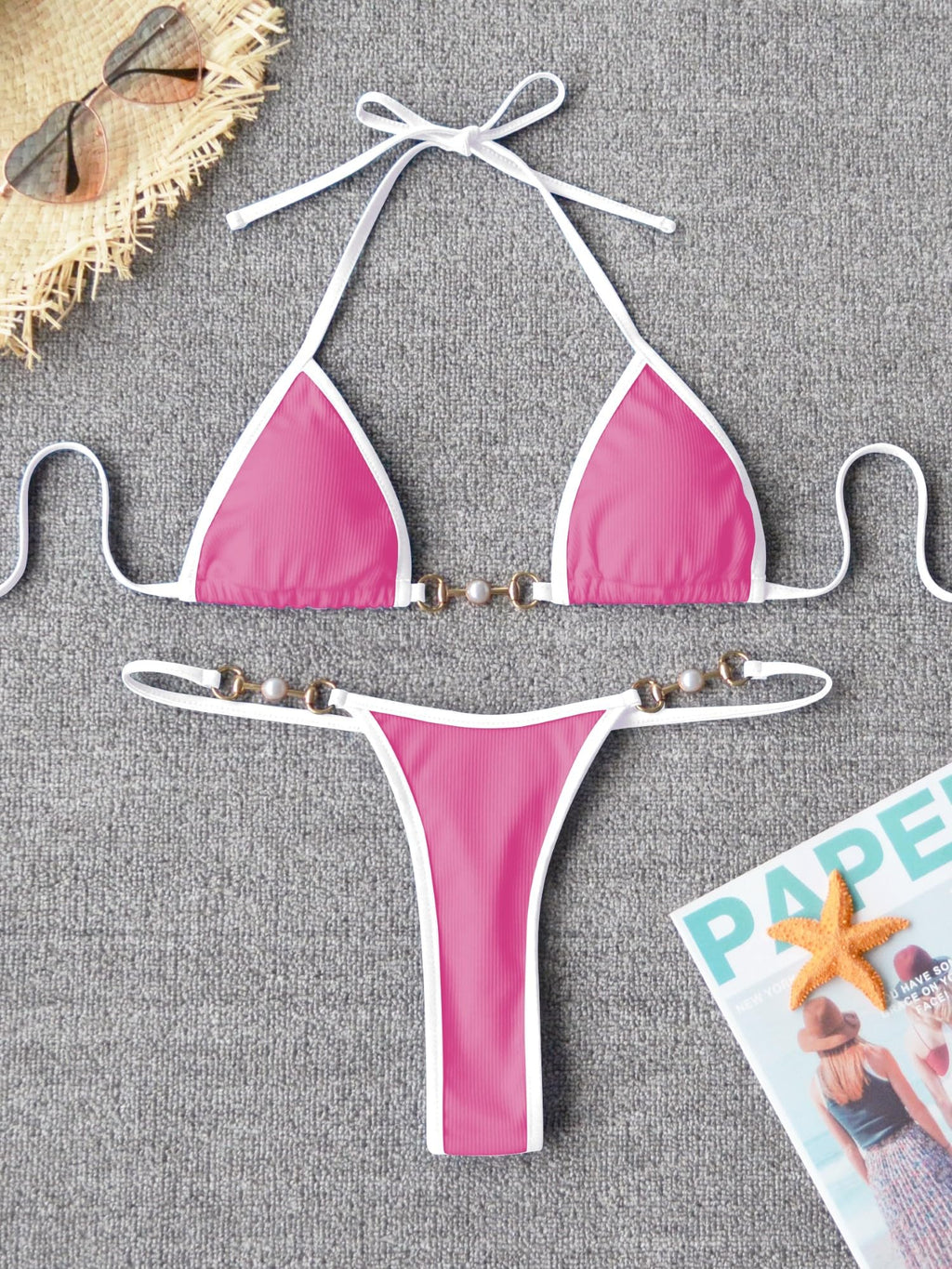 TASHEHE Women's Triangle Thong Bikini Set Sexy Brazillian Two Piece Swimsuit String Bathing Suit - Pink/White - Small