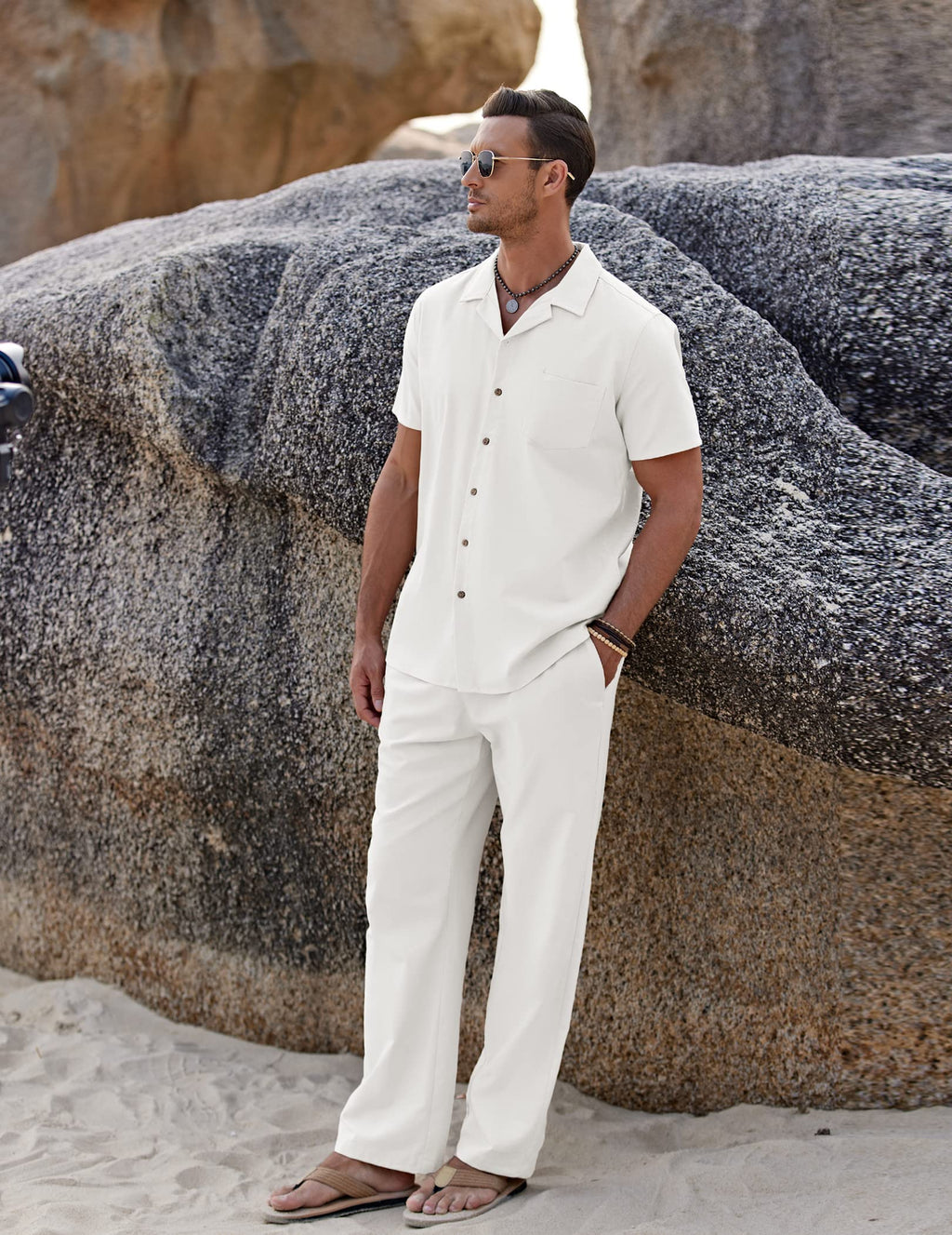 COOFANDY Men 2 Piece Linen Sets Outfits Beach Wedding Shirts and Pants Leisure Suit