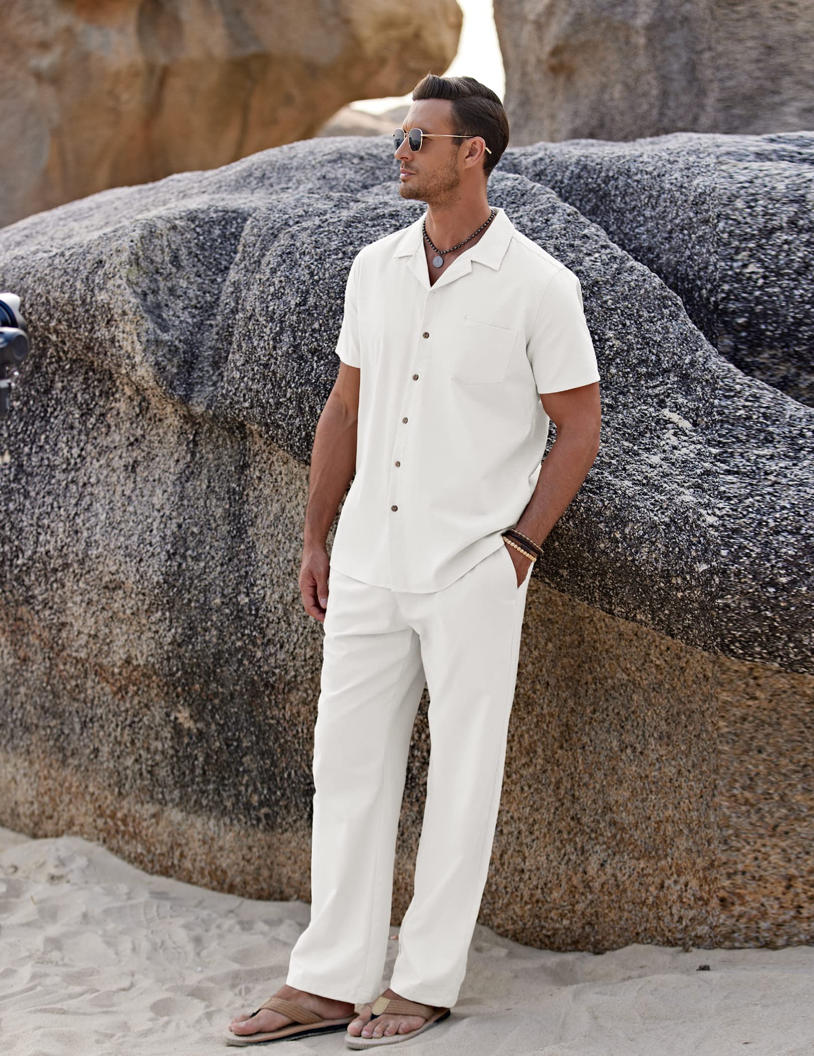 COOFANDY Men 2 Piece Linen Sets Outfits Beach Wedding Shirts and Pants Leisure Suit