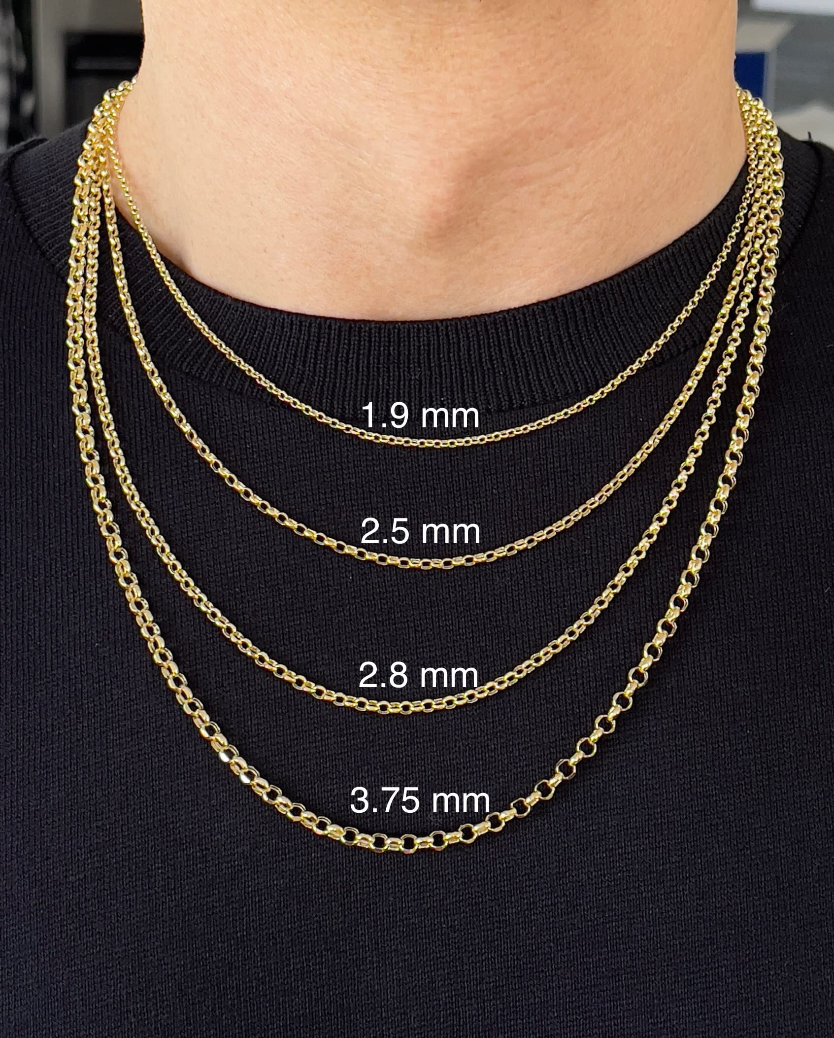 JEWELHEART 14K Yellow Real Gold Rolo Chain 2.5mm Diamond Cut Trendy Round Link Chain Pendant Necklace For Women with Lobster Clasp 24"