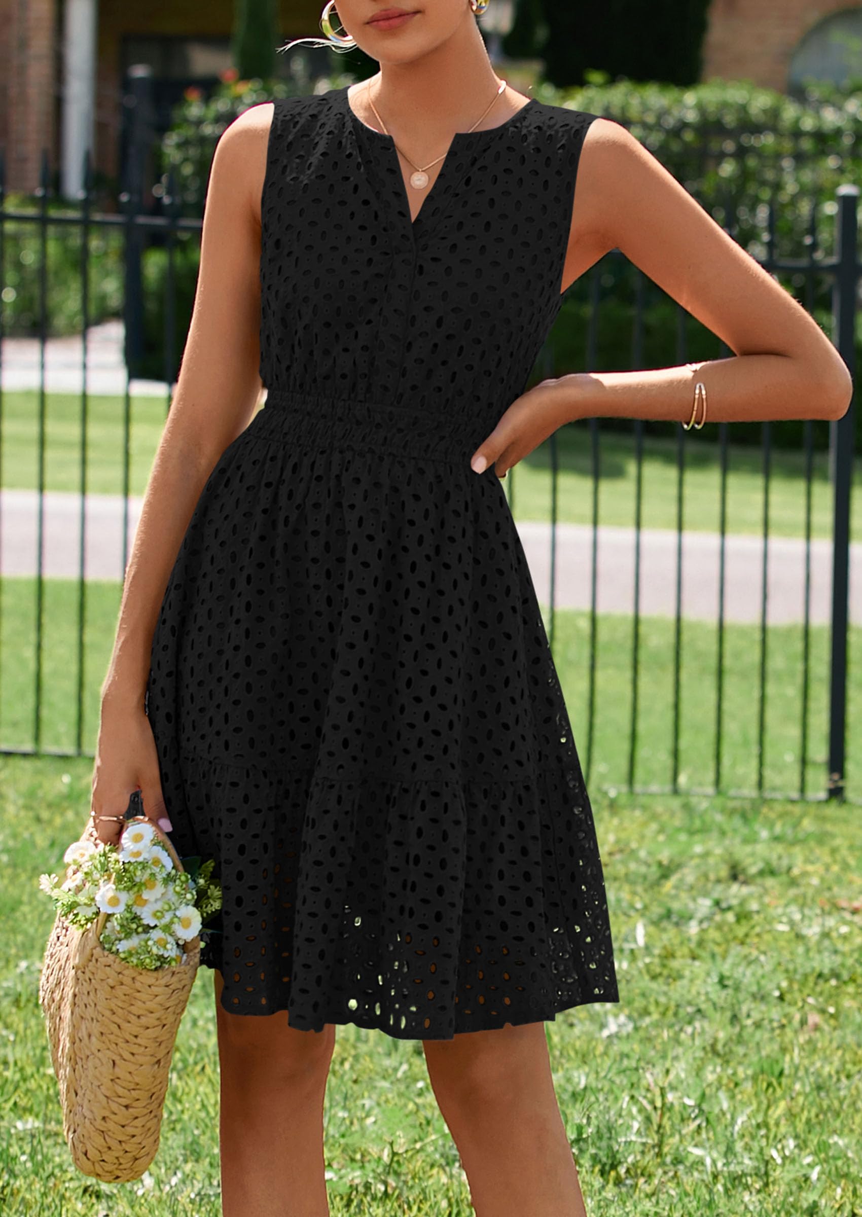 PRETTYGARDEN Women's Summer Dresses 2026 Sleeveless V Neck Eyelet Hollow Out Swing A Line Beach Vacation Sun Dress (Black,Small)