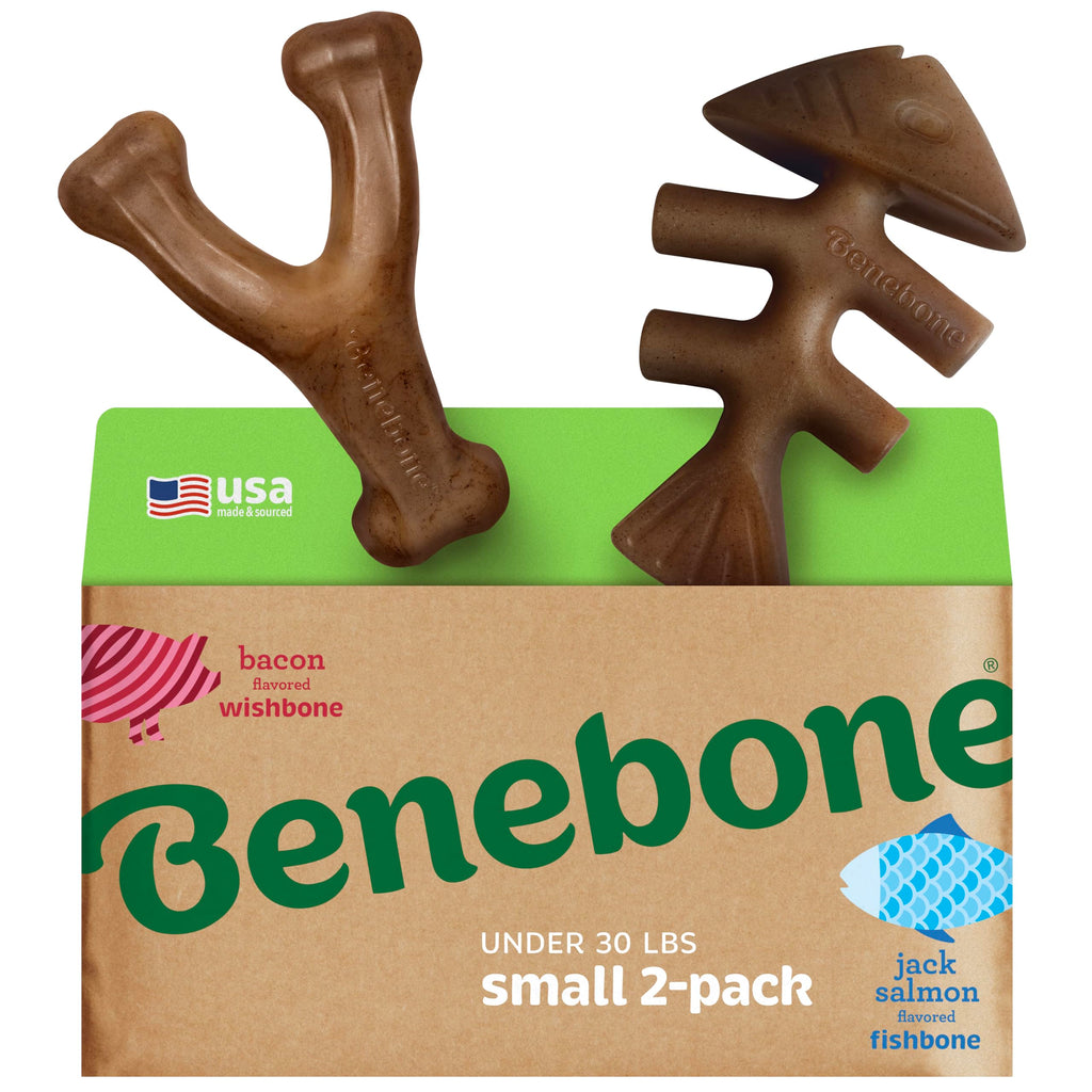 Benebone 2-pack Fishbone/Wishbone Durable Dog Chew Toys, Real Fish, Real Bacon, Made in USA, Small