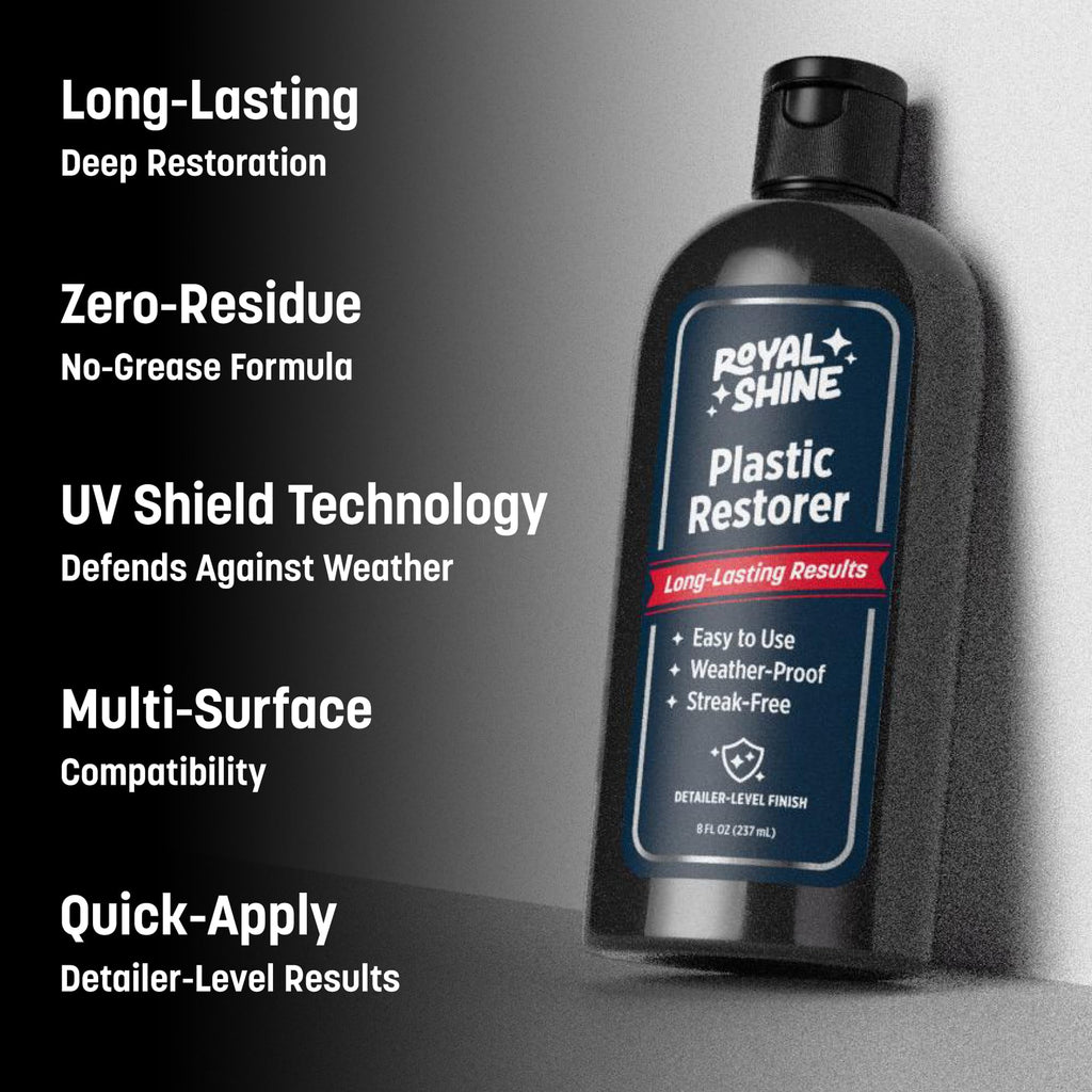 ROYAL SHINE Plastic Restorer for Long-Lasting, Deep Black Results – Restores Faded Plastic, Rubber & Vinyl with UV Protection, Non-Greasy Formula + Foam Applicator, 8oz