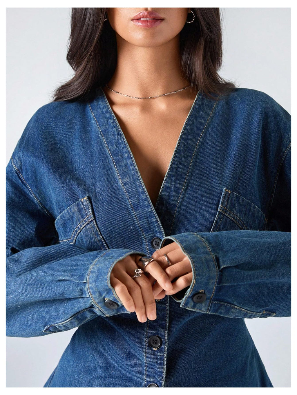 WDIRARA Women's V Neck Button Down Jean Jackets Waist Long Sleeve Denim Jacket Outerwear Blue X-Large