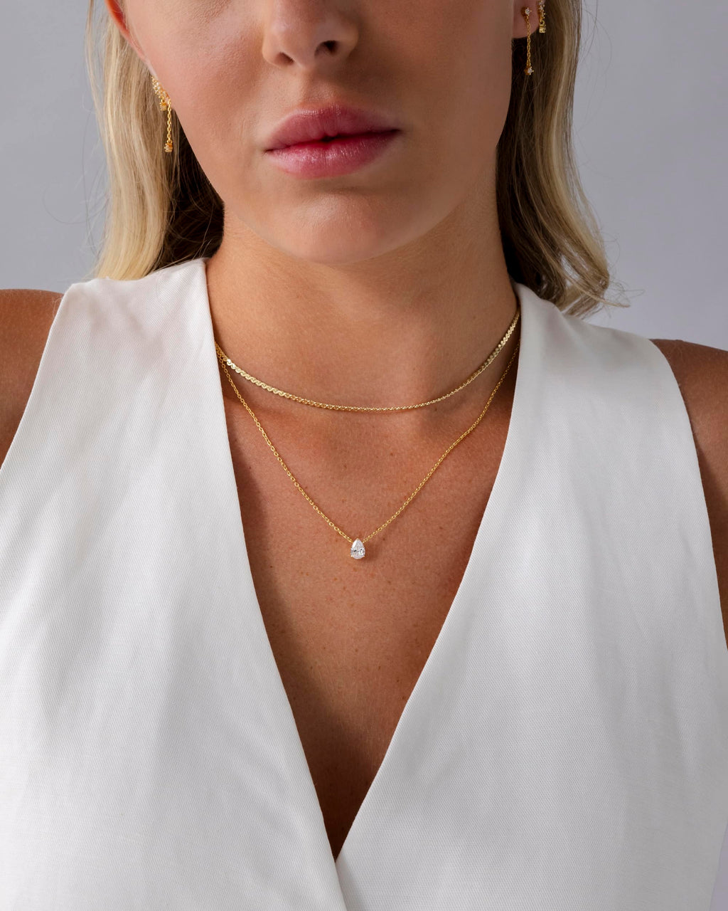 PAVOI 14K Yellow Gold Plated Serpentine Chain Choker with Solitaire Pear-Cut Stone Pendant Layering Necklace Pack for Women | Cubic Zirconia Statement Layered Necklace Set