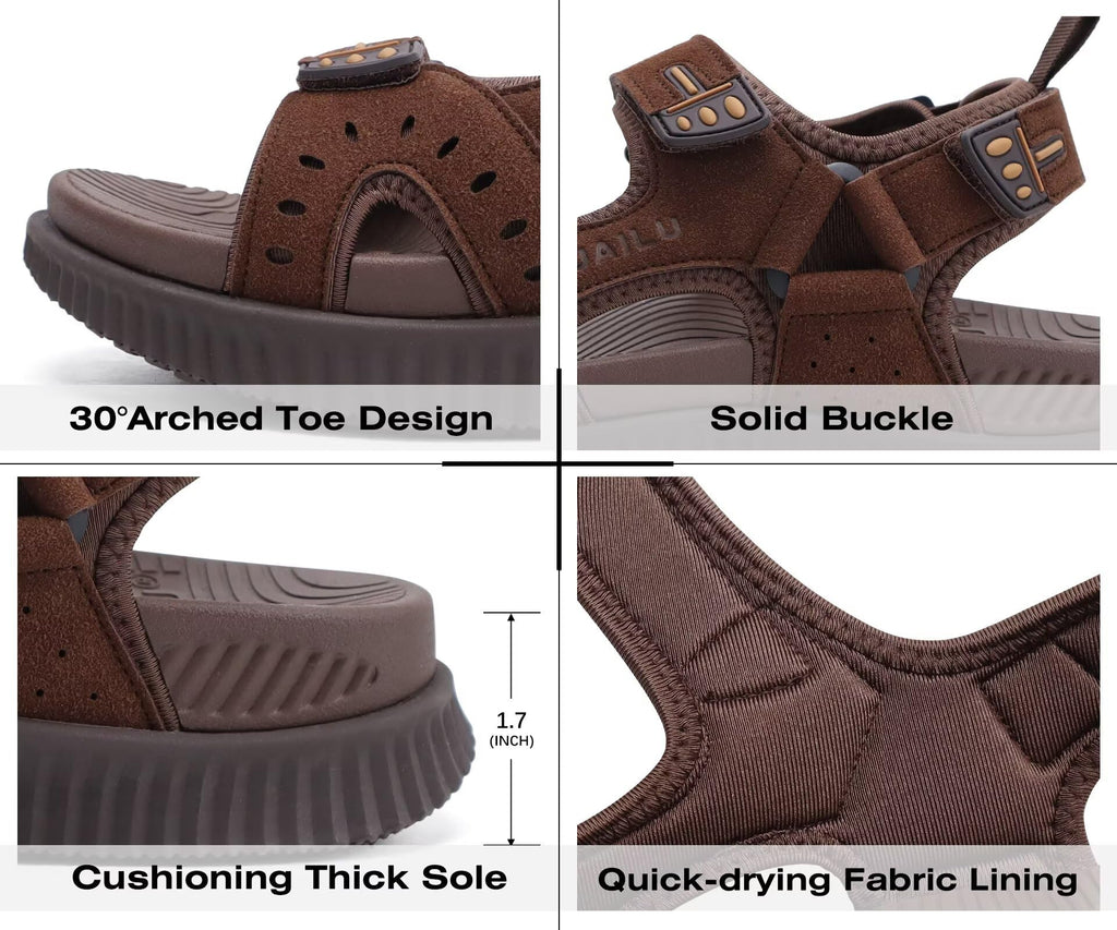 KuaiLu Mens Leather Hiking Sandals With Arch Support Orthopedic Sport Recovery Athletic Walking Sandals For Man Outdoor Summer Casual Thick Cushion Beach Water Fisherman Sandal, size 9 Dark Brown