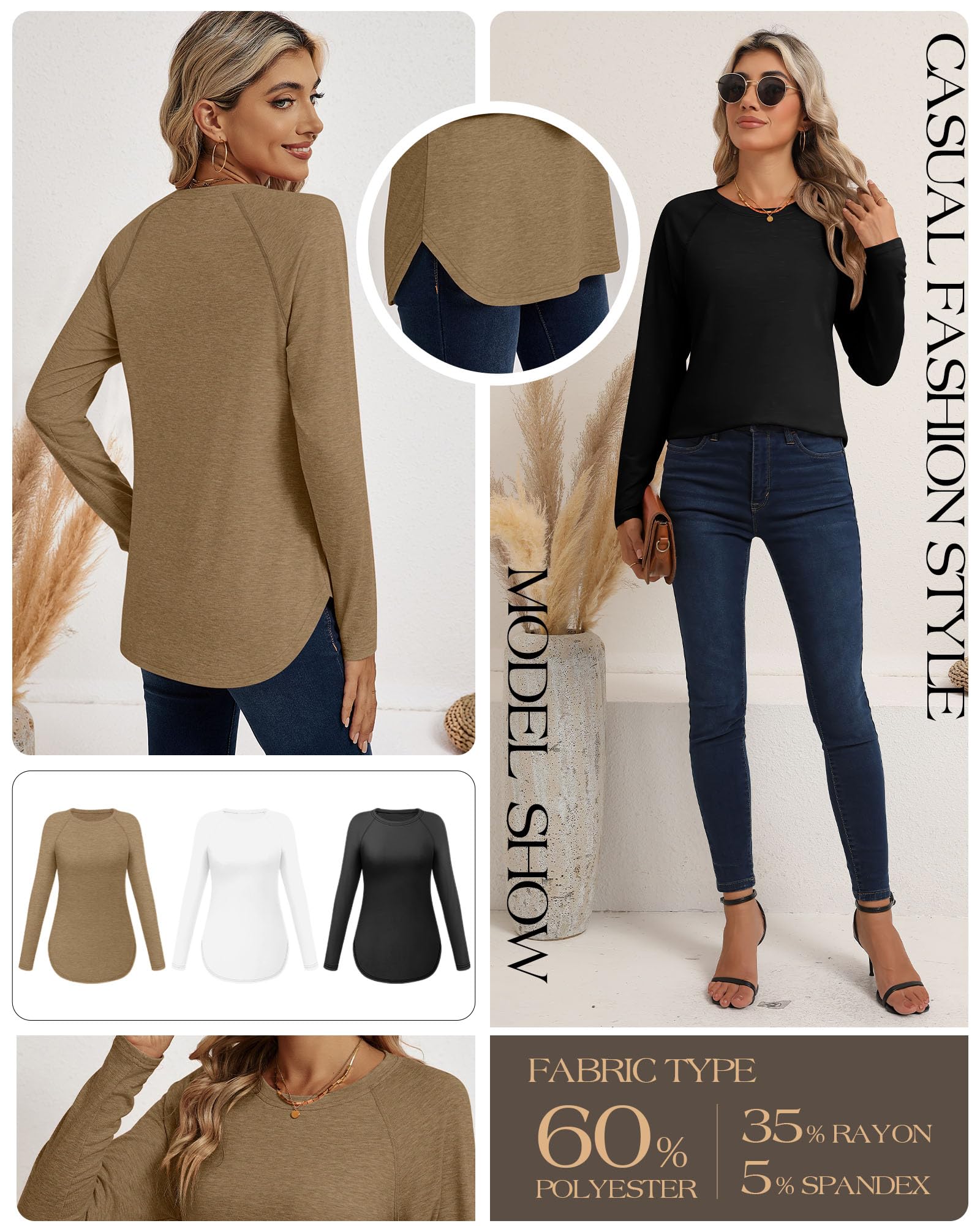 Ficerd 3 Pack Women's Long Sleeve T-Shirts Crew Neck Raglan Sleeve Casual Loose Fit Shirts Side Split Curved Hem Tunic Tops(Black, White, Dark Khaki,XX-Large)