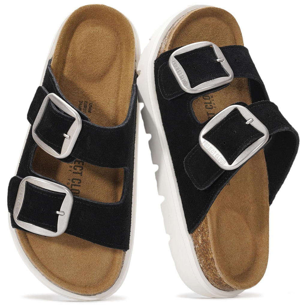 Project Cloud 100% Genuine Leather Platform Sandals Women Footwear - Wedge Chunky Slides for Women 2026 with Memory Foam Insole & Cork Footbed Womens Sandals (GreeceChunky)