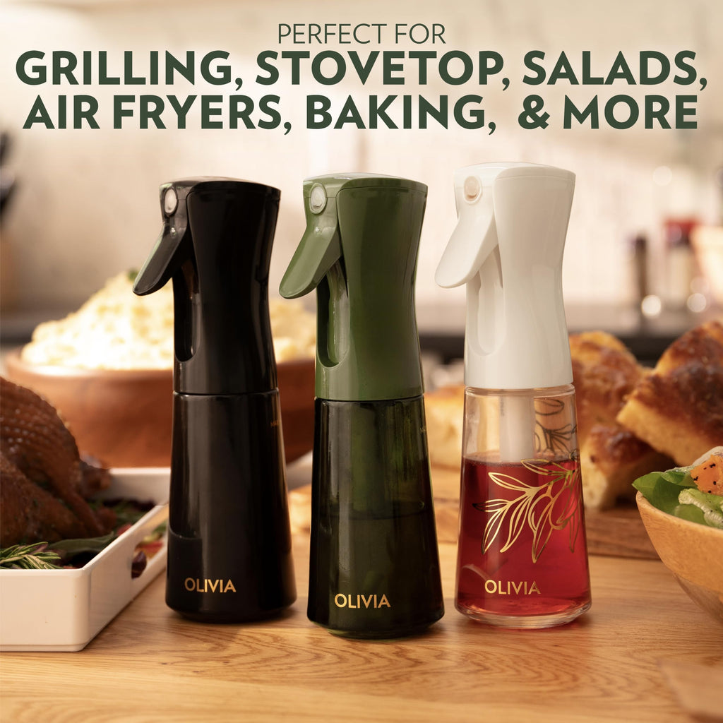 FLAIROSOL OLIVIA Oil Sprayer for Cooking, 200ml Glass Olive Oil Sprayer, Continuous Cooking Spray with Portion Control, Oil Dispenser for Kitchen, Air Fryer, Salad, BBQ (Green Bottle, Gold Print)