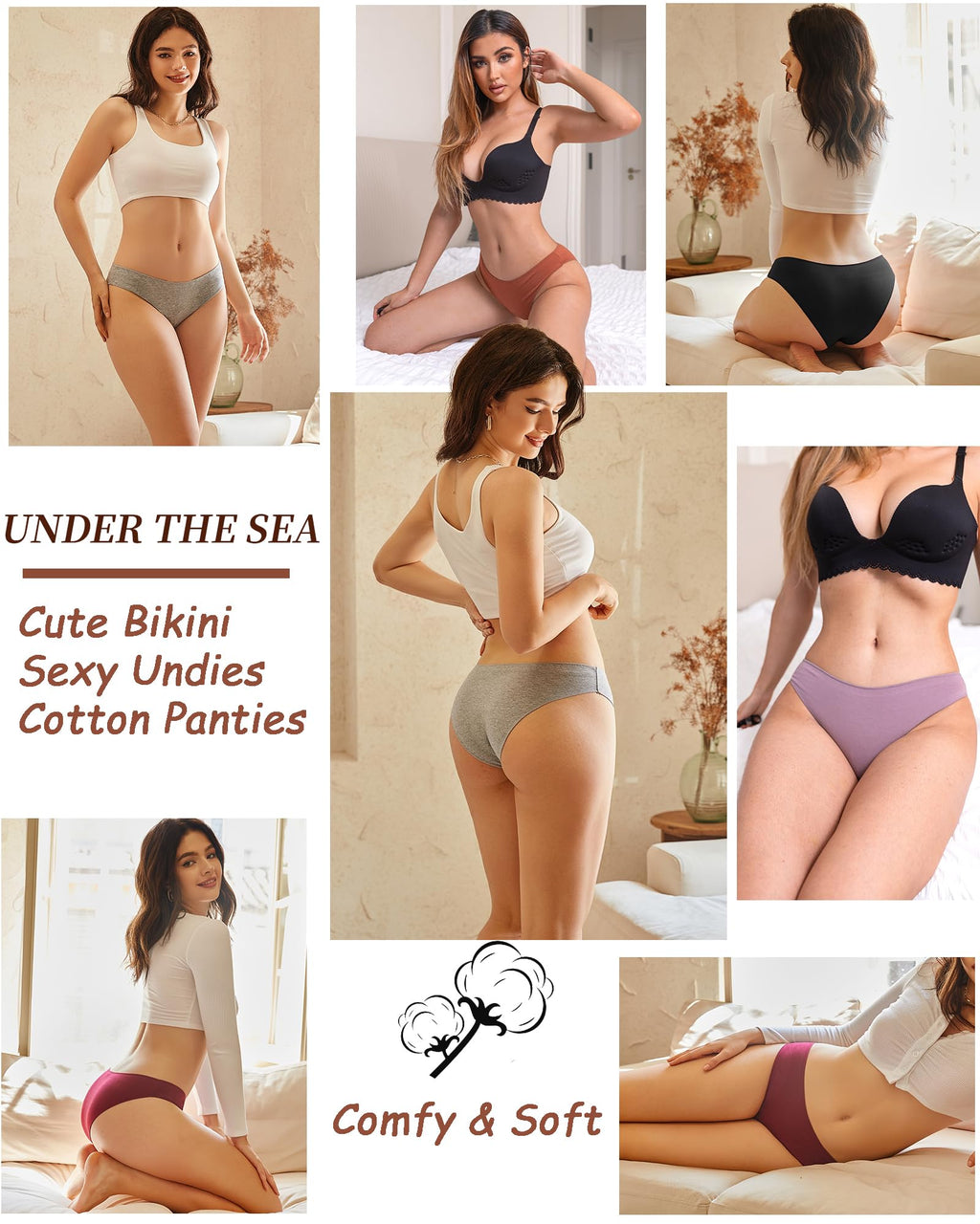 UNDER THE SEA Cotton Underwear for Women 6 Pack Sexy Bikini High Cut Breathable Cheeky Panties Underwear Womens Lingerie Outfits Clothes