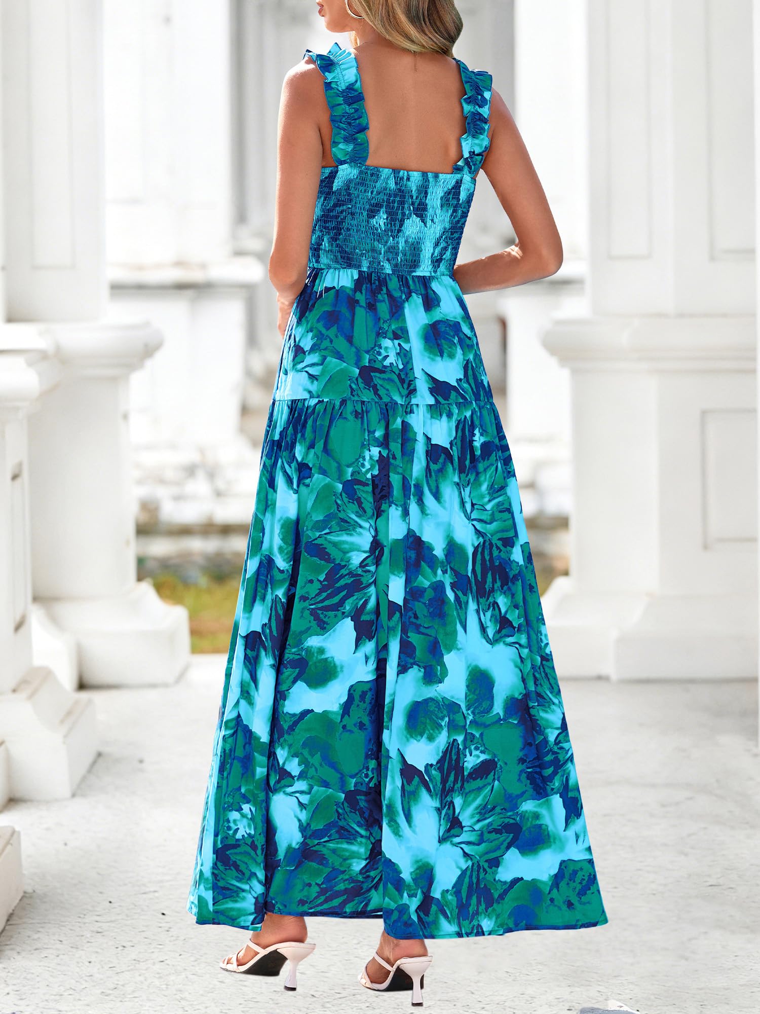 BTFBM Dresses for Women Summer 2026 Formal Sleeveless Smocked Floral Long Wedding Guest Dress Party Spring (Floral Lake Blue,Medium)