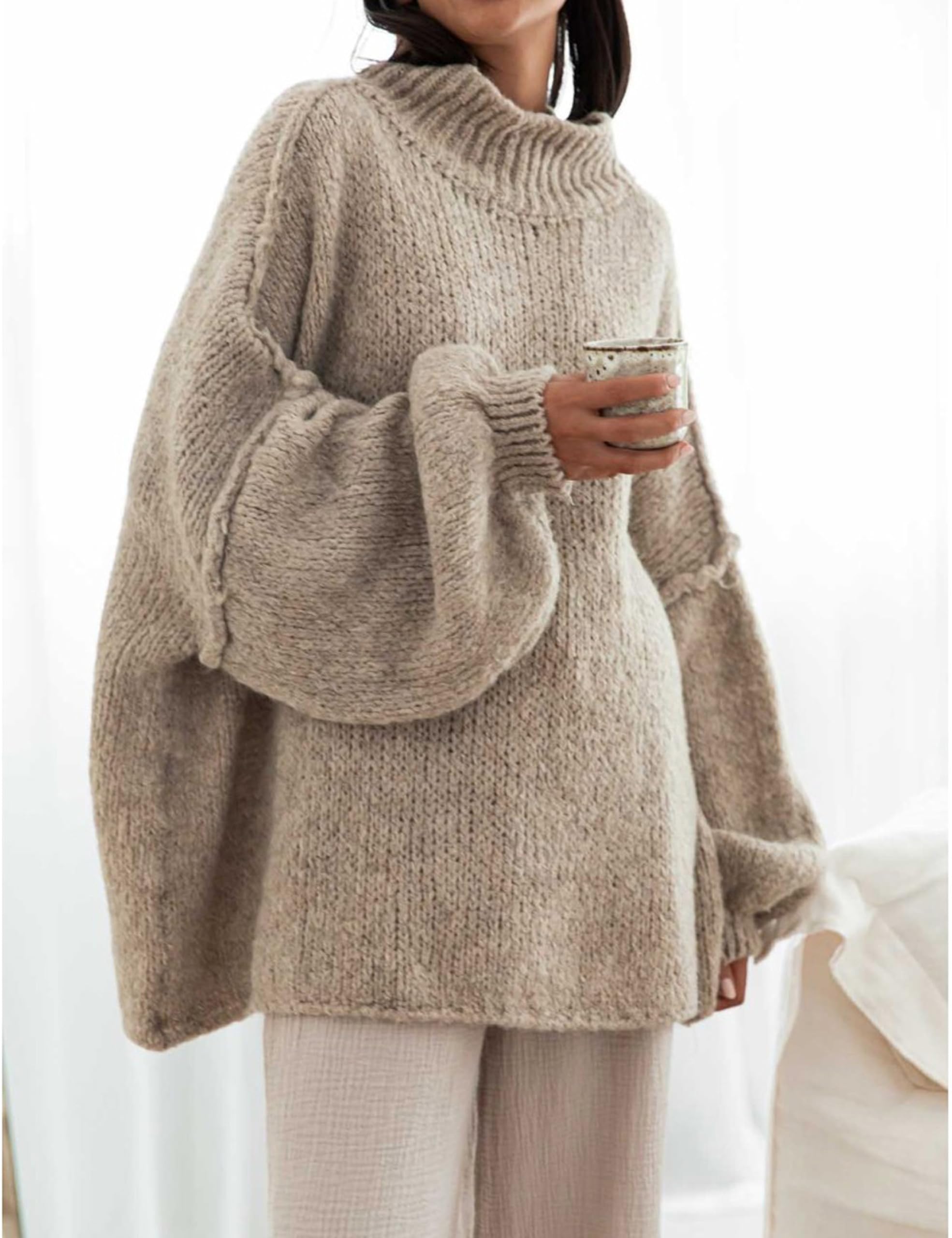 TIQOJE Women's Oversized Crewneck Fall Sweaters for Women 2024 Long Sleeve Fuzzy Knit Chunky Pullover Sweater(Khaki-S)