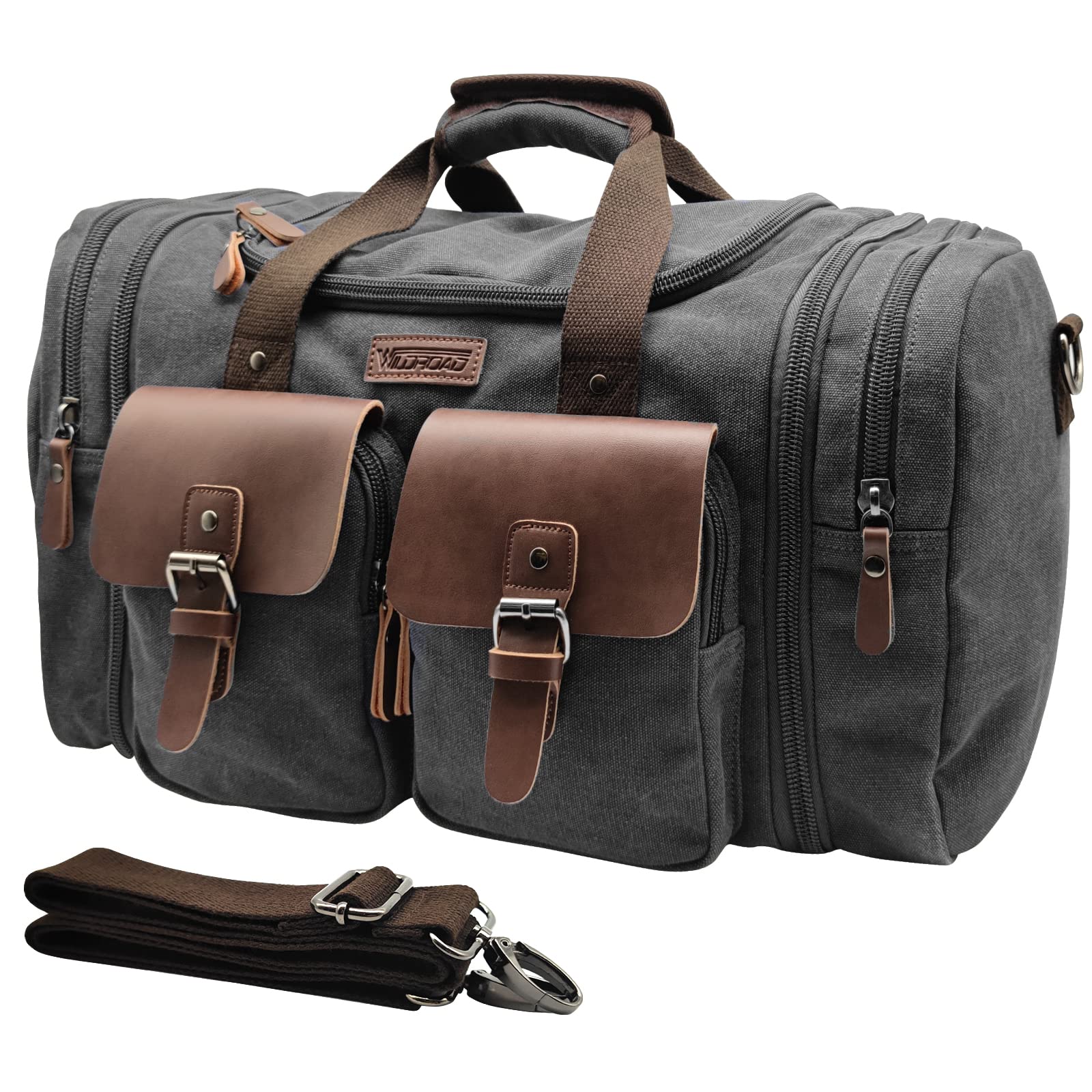Wildroad 50L Travel Duffel Bag, Expandable Canvas Genuine Leather Duffle Bag Upgraded Overnight Weekender Carry on Bag