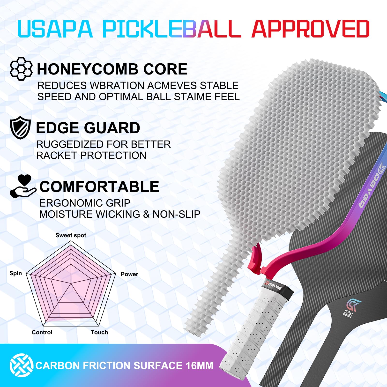 DGYGQ Professional Carbon Fiber Pickleball Paddle-16mm, Superior Control, Strong Power and Forceful Spin with 16mm Honeycomb Core Pickleball Rackets (Red and Blue)