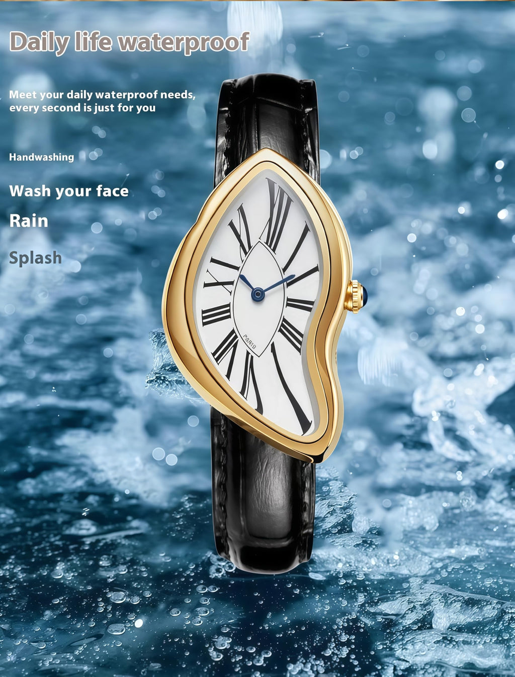 Gosasa Creative Melting Luxury Men's Watch Stylish Analog Quartz Wristwatch with Genuine Leather Strap, Roman Numeral Dial, Waterproof, Business Casual Dress Watch (Gold)