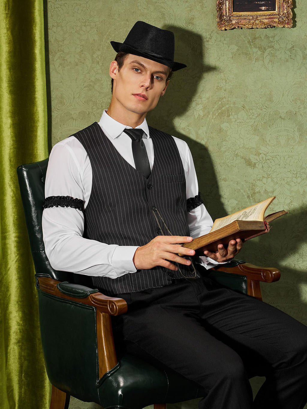 YESSA 1920s Mens Costume,1920 Mens Outfit,Roaring 20s Costumes for Men,1920s Hat Vest Pocket Watch Suspenders Tie