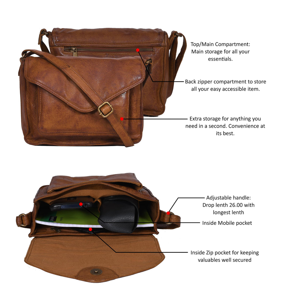 Leather Flapover Crossbody Handbag Purse for Women with Adjustable Strap & Overflap Snap Closure Tote/Bag (Tan wash)