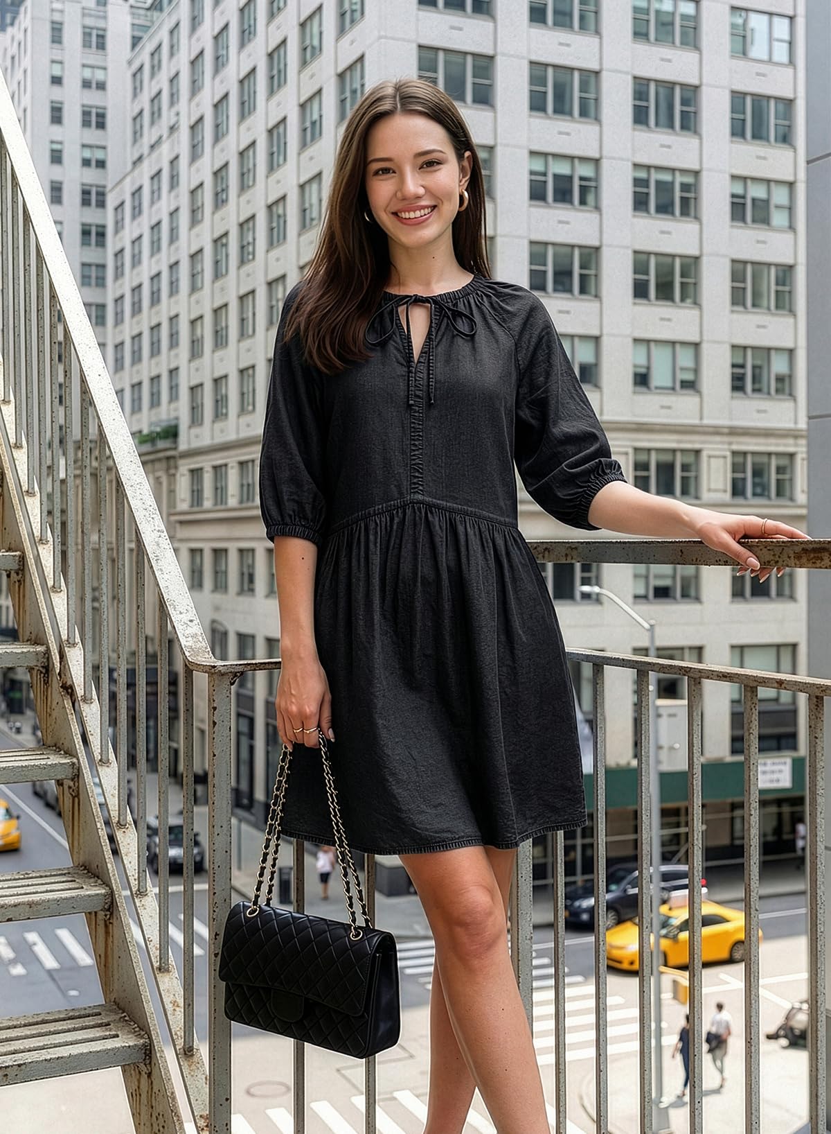 Dokotoo Summer Dresses for Women 2026 Casual Spring Puff Short Sleeve Babydoll Denim Dress Womens Ladies Cute V Neck Fashion Outfits Mini Jean Dresses Black Large