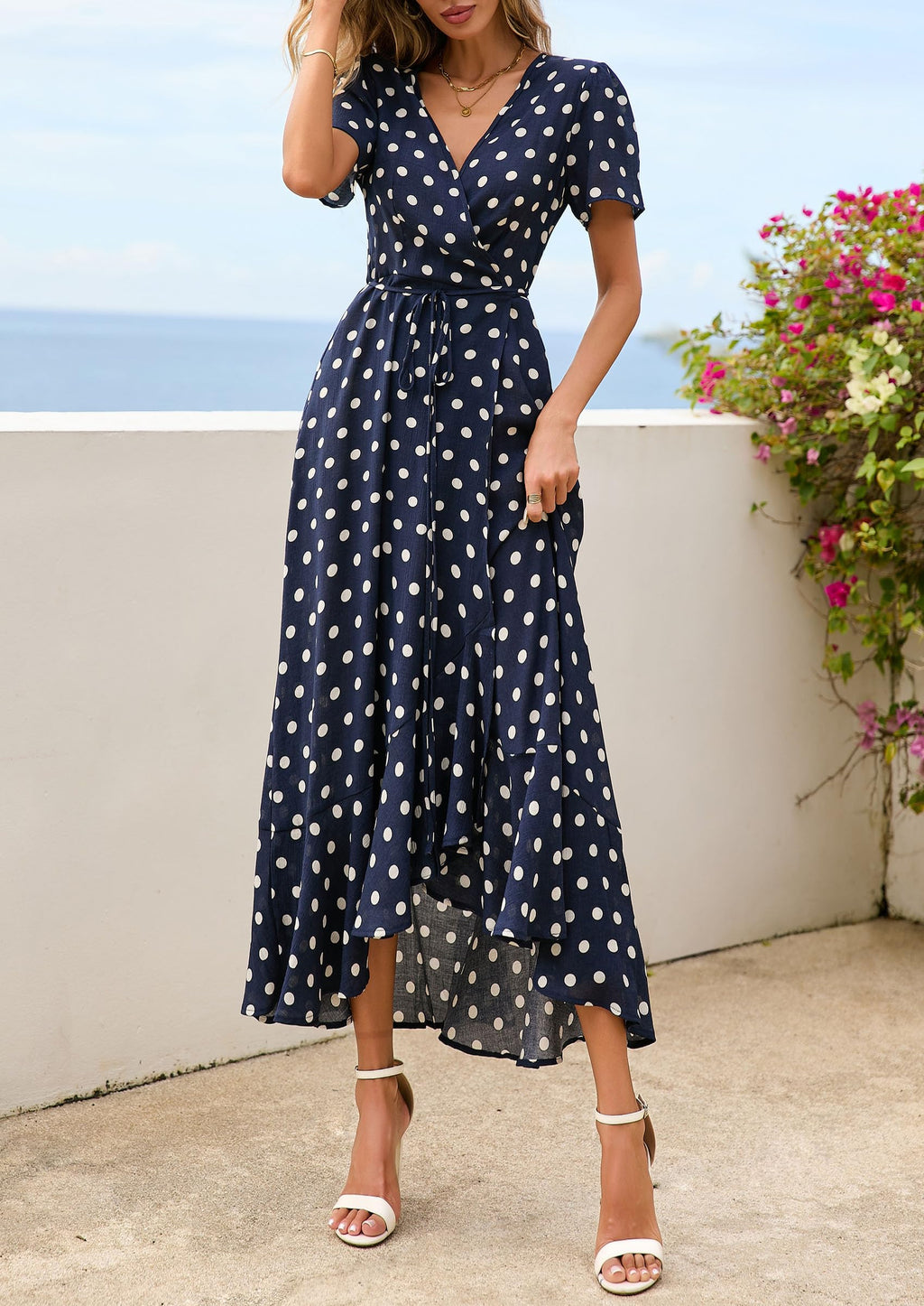 PRETTYGARDEN Women's Boho Floral Maxi Dress Summer Short Sleeve Wrap V Neck Long Flowy Beach Vacation Wedding Guest Dresses (Dot Navy White,Medium)