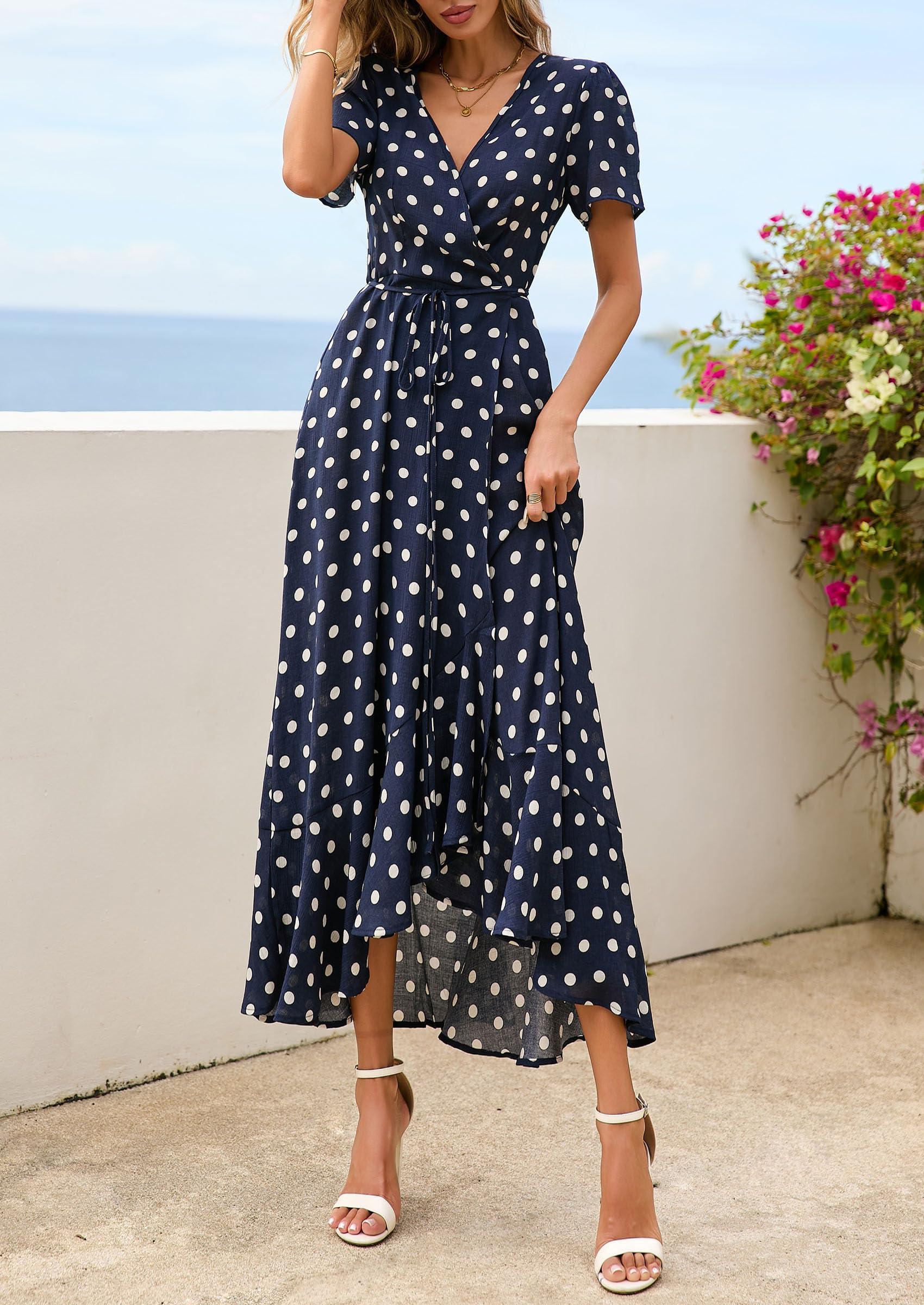 PRETTYGARDEN Women's Boho Floral Maxi Dress Summer Short Sleeve Wrap V Neck Long Flowy Beach Vacation Wedding Guest Dresses (Dot Navy White,Medium)