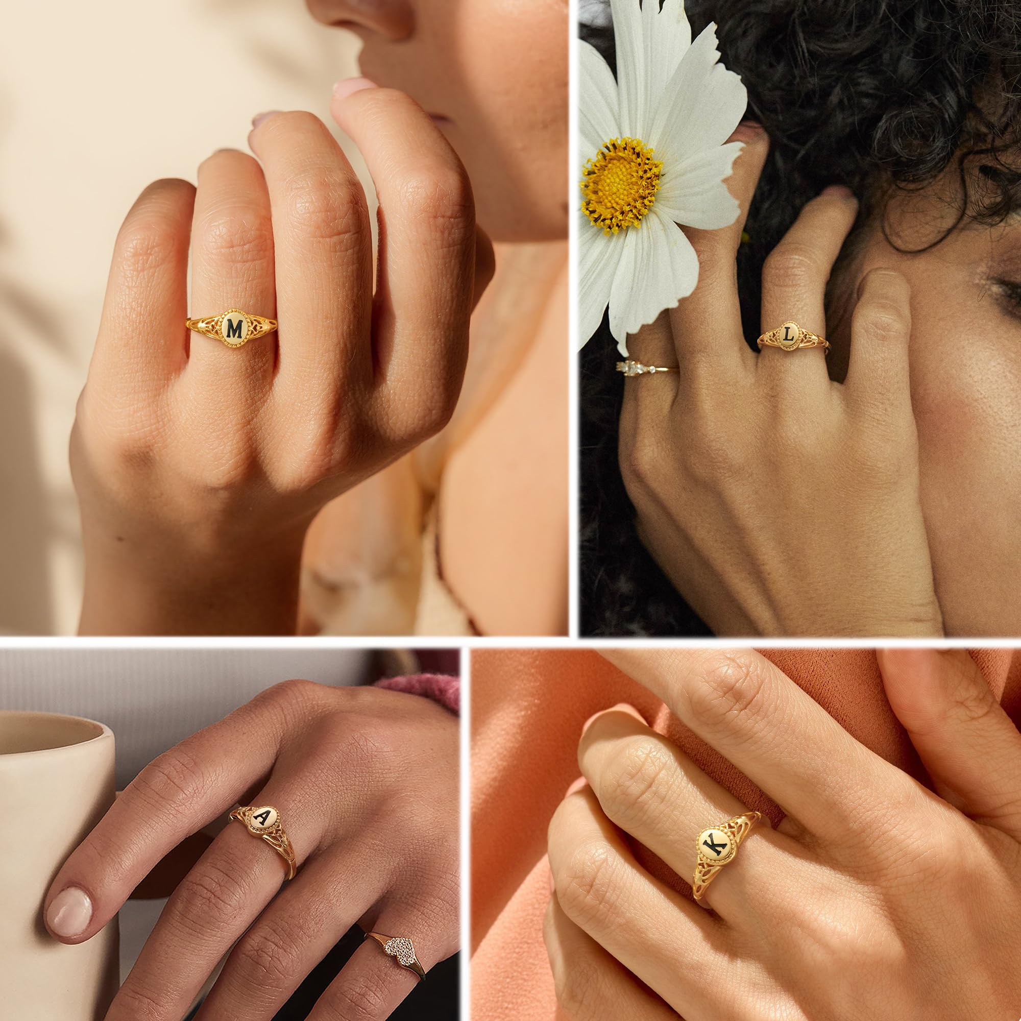 KOHOTA Gold Initial Rings for Women Non Tarnish Vintage 14K Gold Plated Letter Signet Ring Dainty Personalized Stackable Thumb Pinky Band Ring Size 6-10 Jewelry Gifts